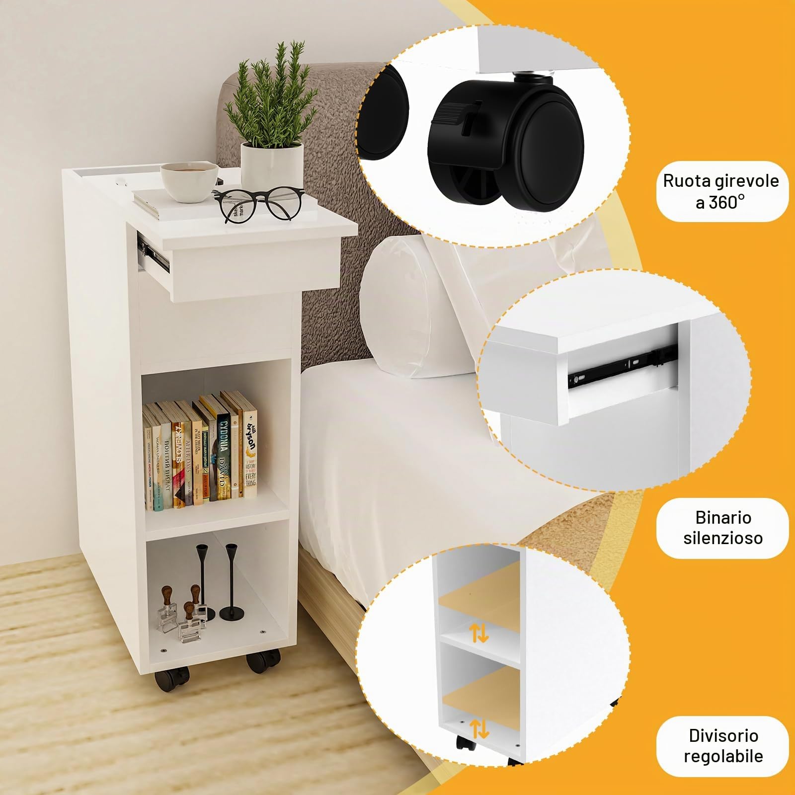 Comodino Stretto 25 cm, Comodino con 2 Scomparti a Giorno e cassetti nascosti, Comodini stretti con Ruote, Comodino Salvaspazio, per Soggiorno, Studio 45x25x70cm
