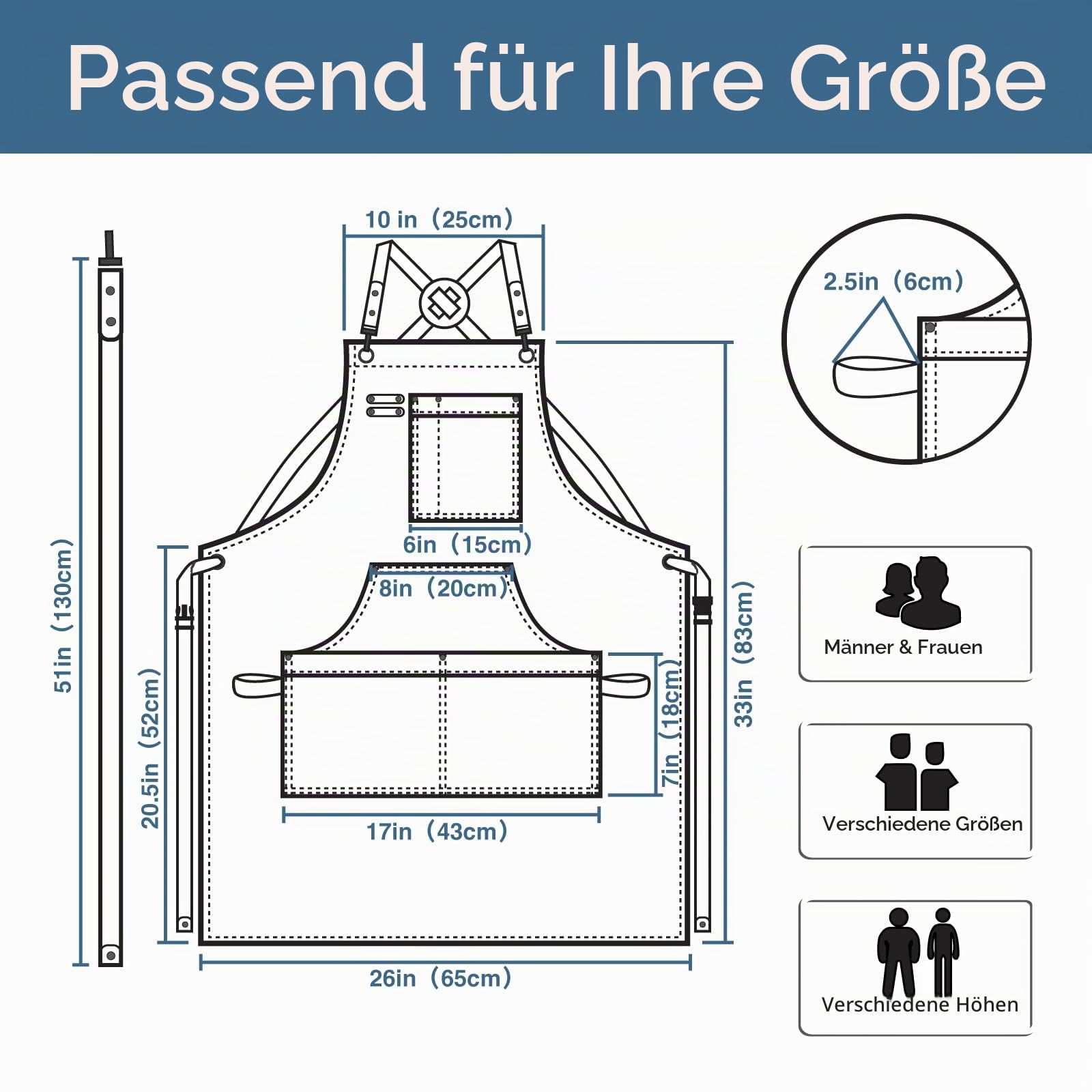 Küchenschürze,Arbeitsschürze,Leinwand,mehrere Taschen,Gartenarbeit,Malerei,Grillen,Tischler,Größen M bis XXL,Blau