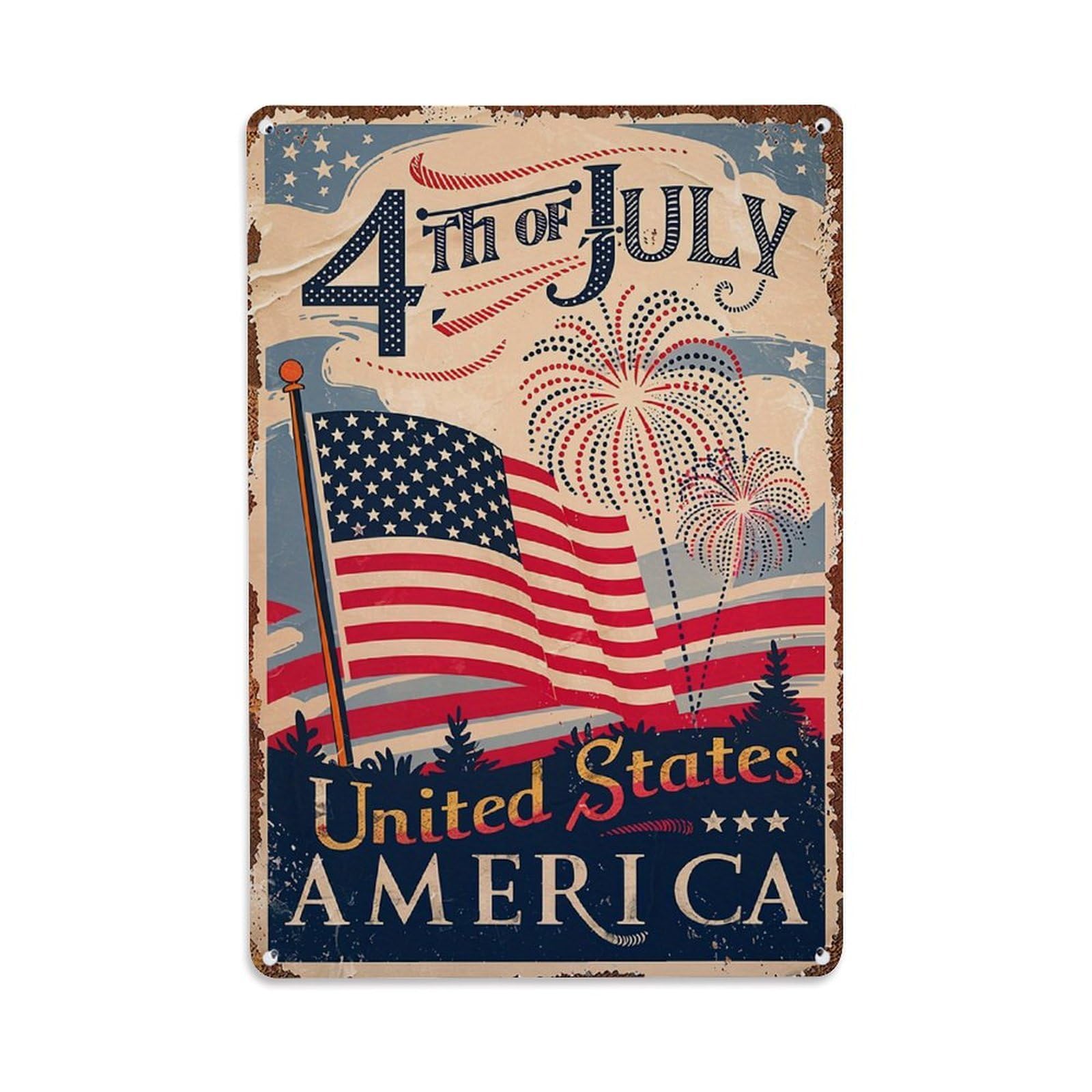 Nestemfo Vintage Fourth Of July America Flag Fireworks Tin Sign Metal Sign, Living Room,Bar, Home, Bedroom Wall Decor,Retro Metal Poster 8X12 Inches