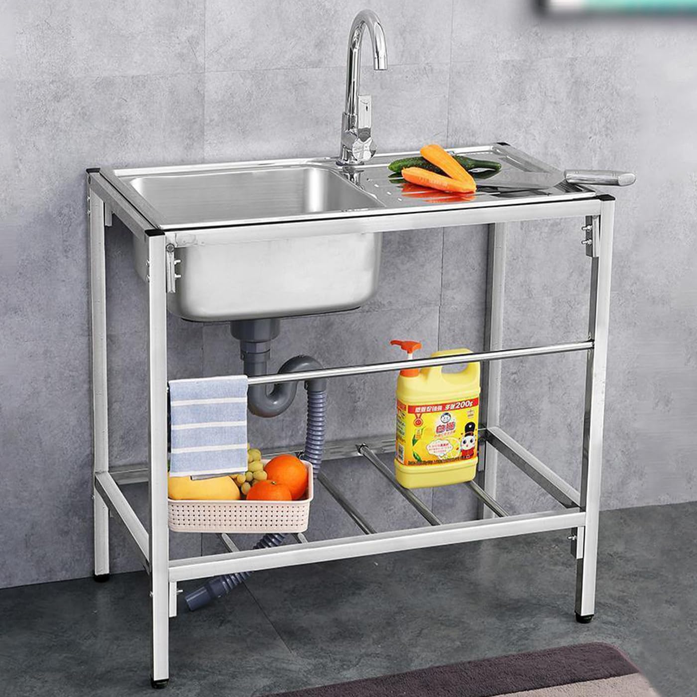 Freestanding Stainless Steel Kitchen Utility Sink, 30inch Single Bowl Utility Kitchen Sink Commercial SiNk with Cold and Hot Water Faucet Washing