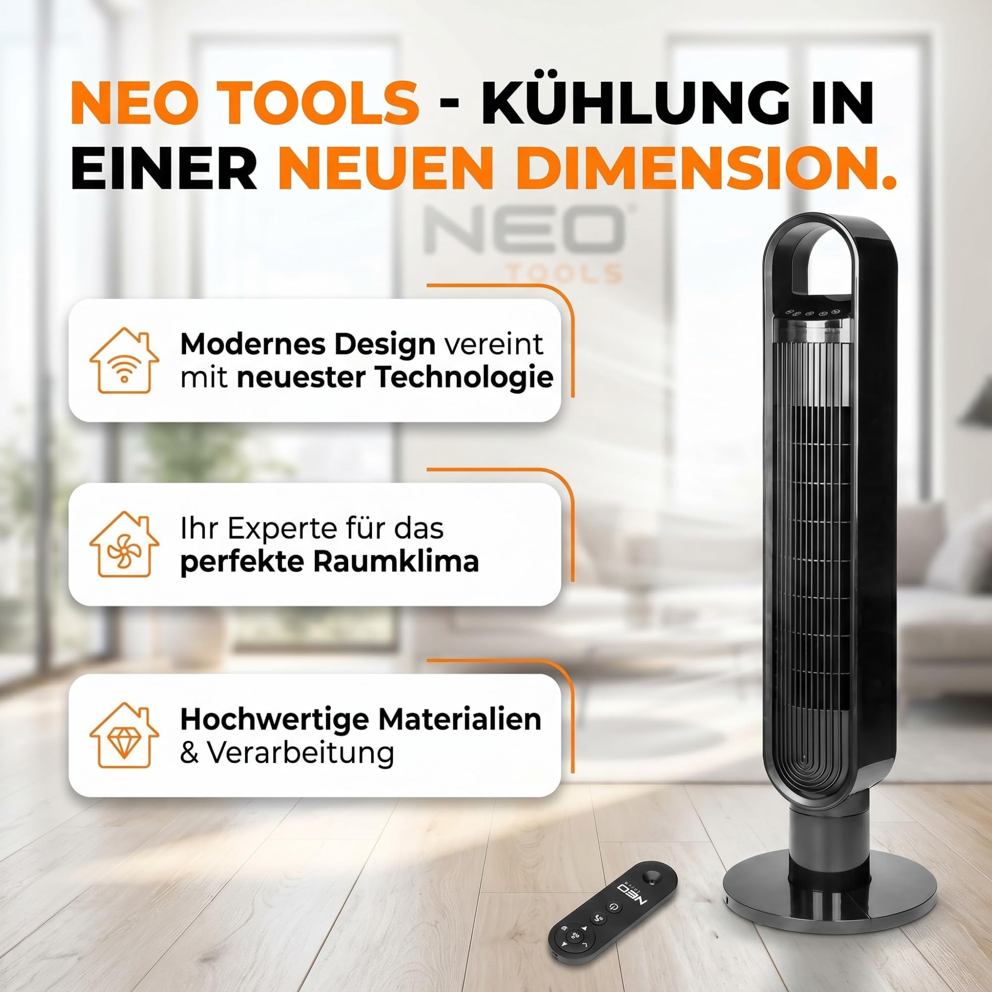 NEO TOOLS Turmventilator mit WLAN und Ionisator 60W 100cm Höhe App-Steuerung Digital-Display Fernbedienung 3 Modi und Geschwindigkeiten 75 Grad Oszillation 12h-Timer Schwarz
