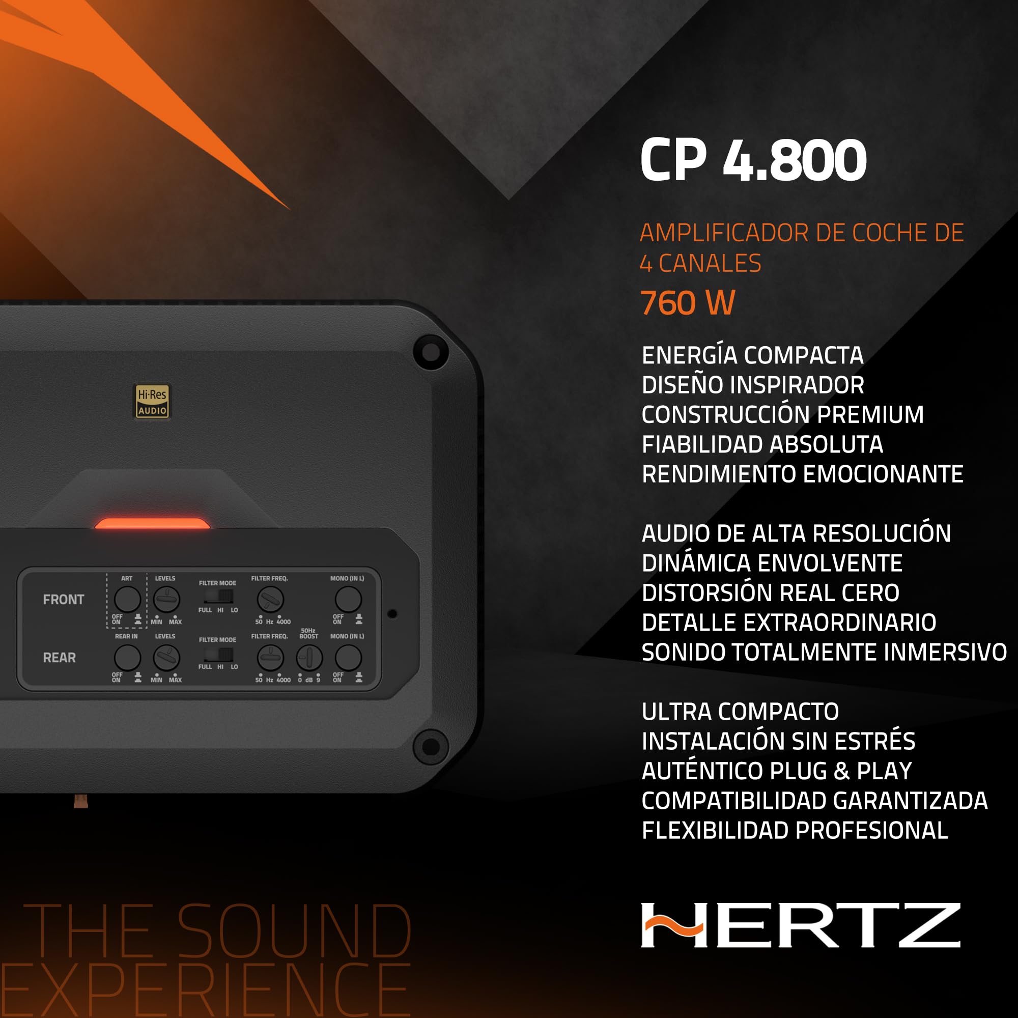 Hertz CP 4.800 Amplificador De 4 Canales Clase D Hi-Res Audio, 760 W RMS, Carcasa De Aluminio Fundido, Respuesta en Frecuencia 10 Hz - 41 kHz, Modelo CP-4.800