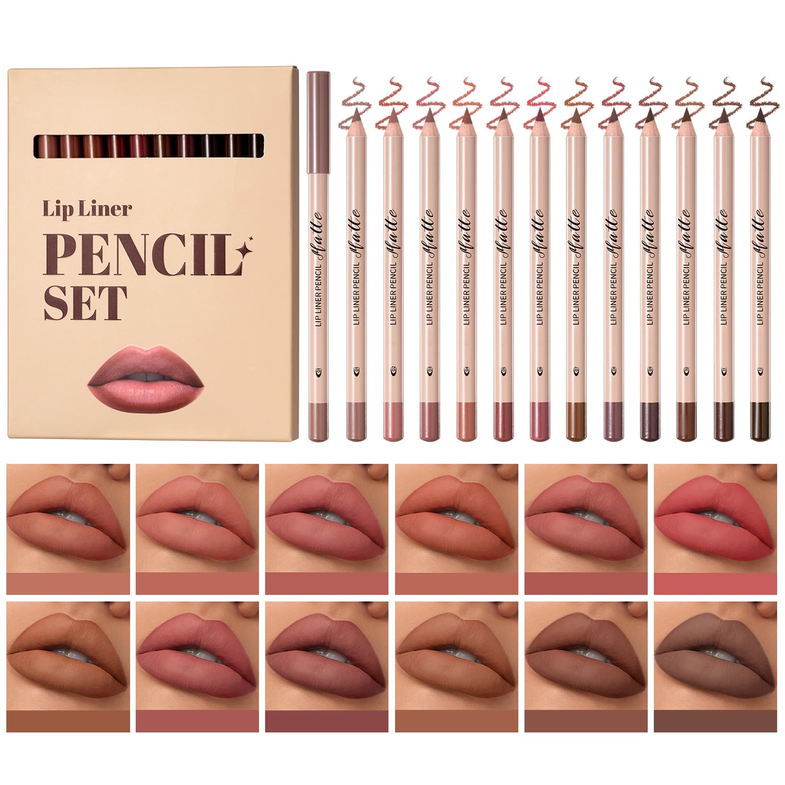 12 Colors Matte Velvet Lip Liner Set, Highly Pigmented Lip Liner Pencil, Long Lasting Waterproof Non-Smudging Natural Nude Brown Lipliners Pencil