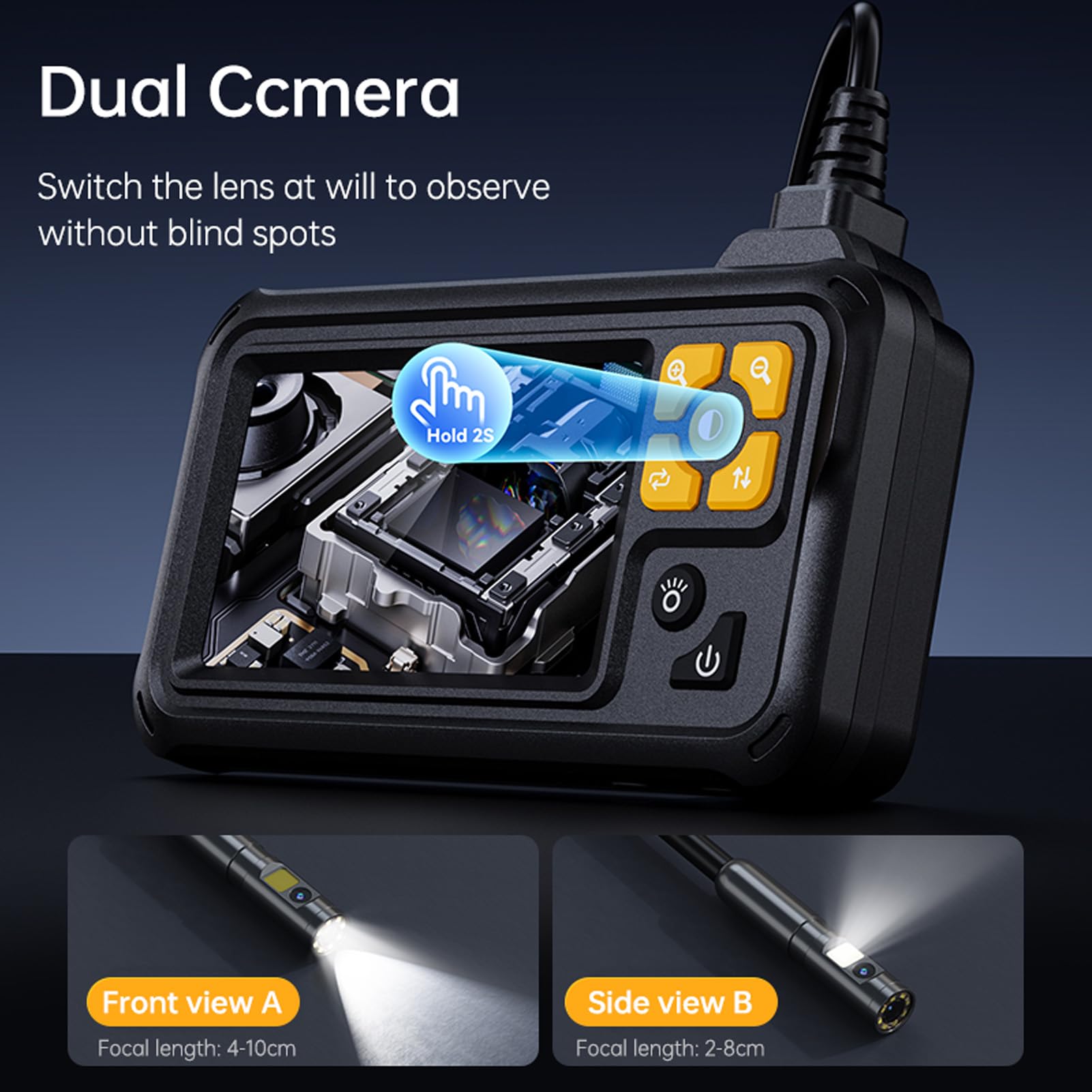 Kamera Endoskopu z światłem, Podwójny Obiektyw 8 Mm 1080p HD Borescope z Ekranem 4,3 Cala, 8 Regulowanych Diod LED, Kabel Pół-szorstki, IP67 Wodne Odporne na kontrolę (5M / 16,4 stopy)