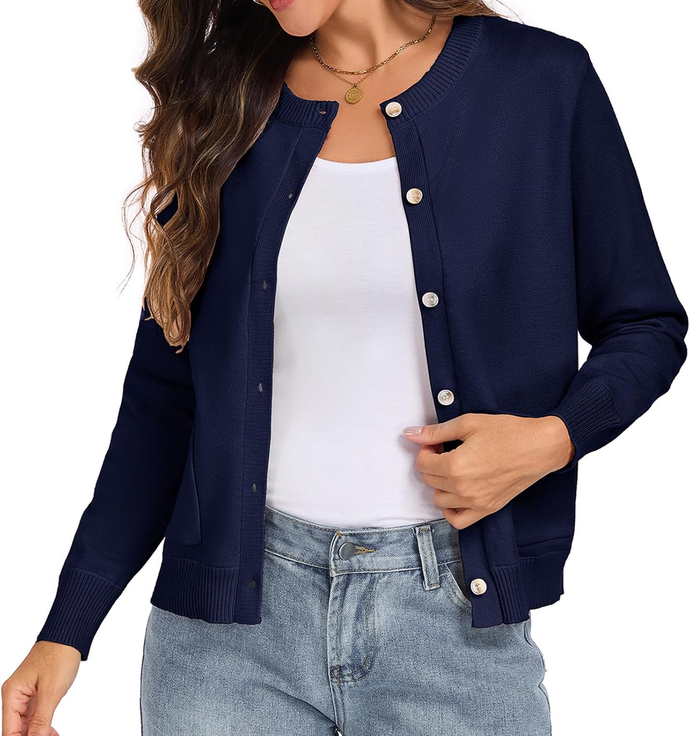 Oymyakon Women Button Down Cardigan Sweaters Long Sleeve Crew Neck Knit Sweater Lightweight Open Front Top Outwear Coat - Image 3