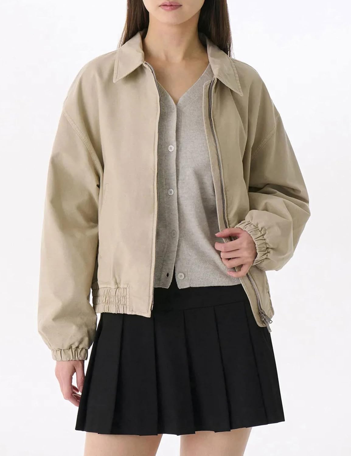 Women's Bomber Jacket Collar Long Sleeve Zip Up Running Jackets Fall Cropped Outerwear with Pockets