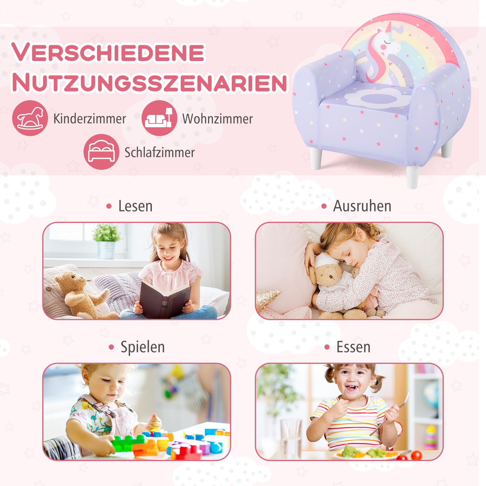DREAMADE Kindersofa mit schönem Einhornmuster, Kindersessel mit ergonomischer Rückenlehne & Armlehnen, atmungsaktives Kindercouch für Spielzimmer & Kinderzimmer, für Kinder ab 3 Jahren (Lila)