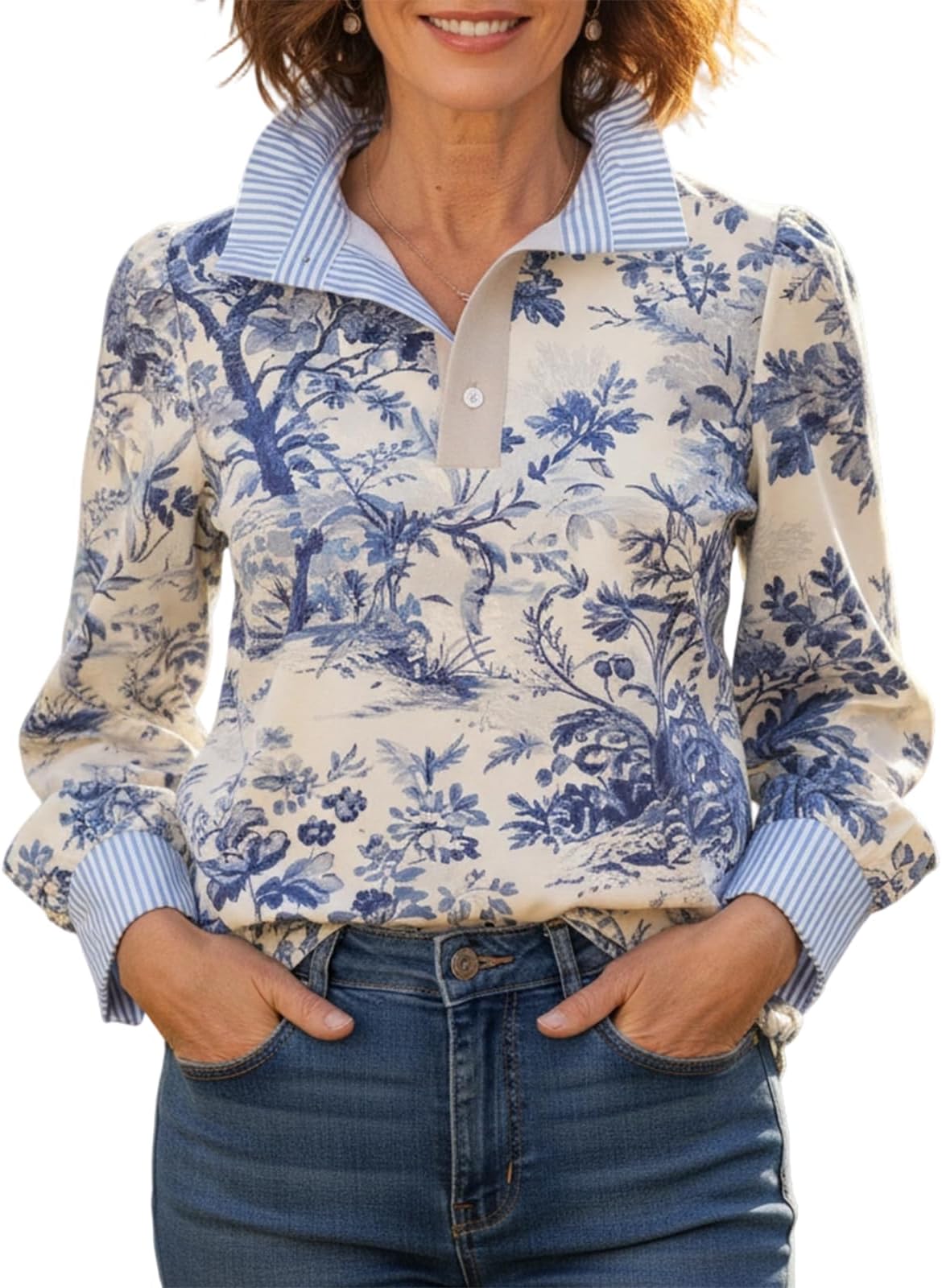 Women's Stand Ruffle Collar Blouse Long Sleeve Vintage Boho Floral Print Spring Dressy Shirts