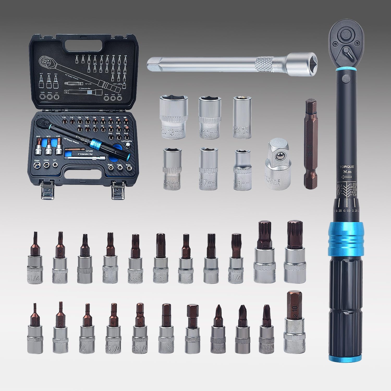 Lot de 32 clés dynamométriques à cliquet réglables de 1/4" pour vélo, 5–25 Nm, ± 3% de précision d'erreur, avec 1 barre d'extension de 10,2 cm, douilles 6–7–8–10–13 mm pour voiture, moto