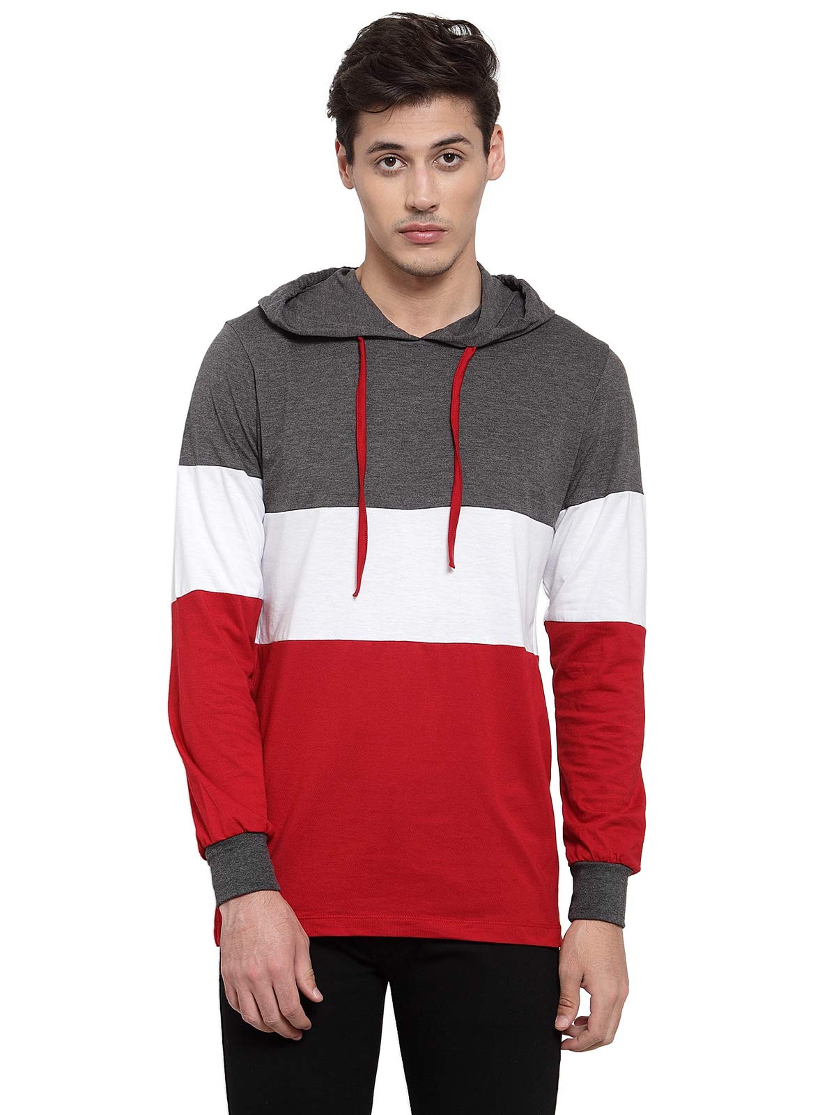 kalt Men's Full Sleeves Broad Striped Cotton Blend Hoodie(Red::White::Dark Grey)-picture-28