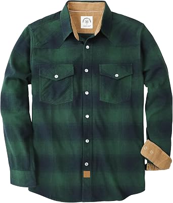 Dubinik 6 oz Flannel Shirt for Men Western Pearl Snap Shirts Long Sleeve Casual Cozy Vintage Cowboy Plaid Soft Pure Cotton