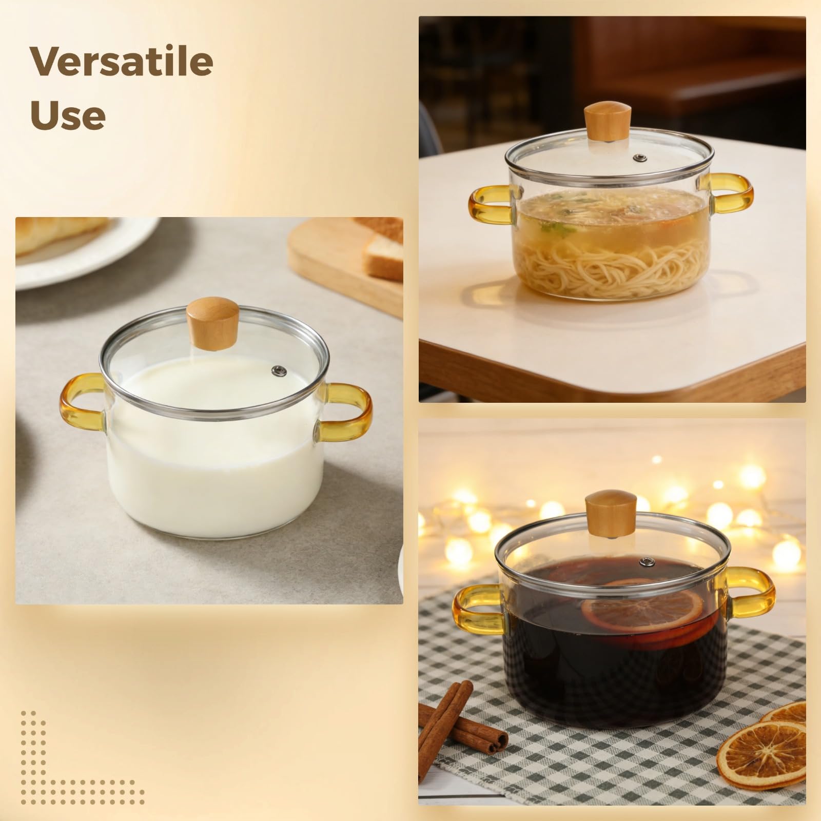 Borosilikatglas Kochtopf mit Deckel, 1,6 l praktischer transparenter Topf mit Griff, 54,1 fl oz Köcheltopf für Nudeln, Milch, Suppe, Tee, für Küche und Tisch, 5,9 x 8,7 x 5,5 in