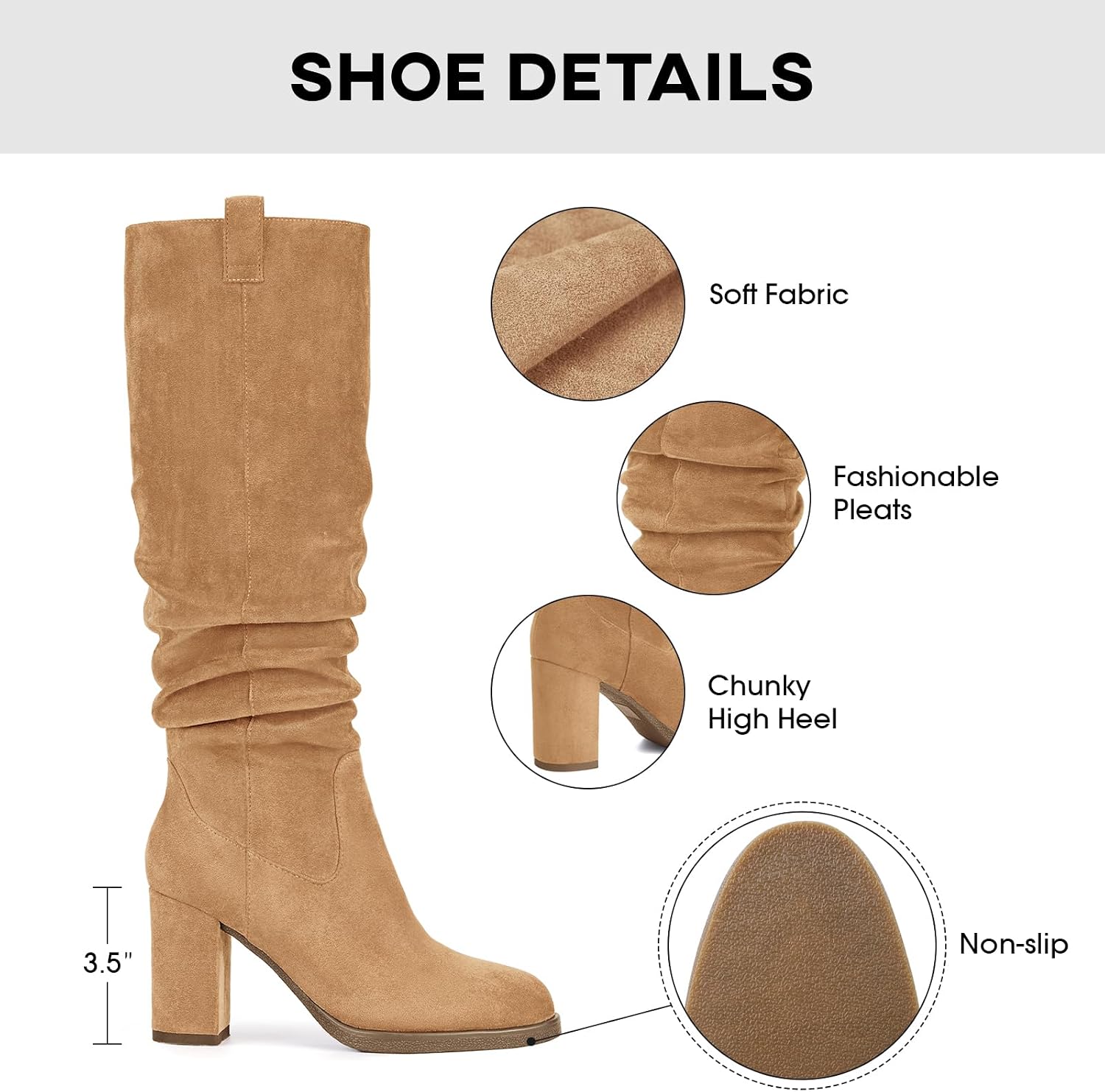 Suede Knee High Boots for Women - Tall Chunky High Heel Dress Boot with Side Zipper, Round Toe Ruched Slouch Block Long Boots for Ladies, Stylish Fall Boot for Work, Party & Everyday Wear
