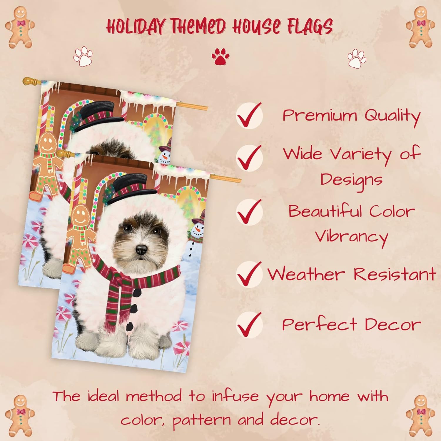 Doggie of the Day Biewer Dog House Flag - Christmas Gingerbread Snowman - Holiday Outdoor Double Sided Pet Portrait Home Garden Decor 28"w x 40"h