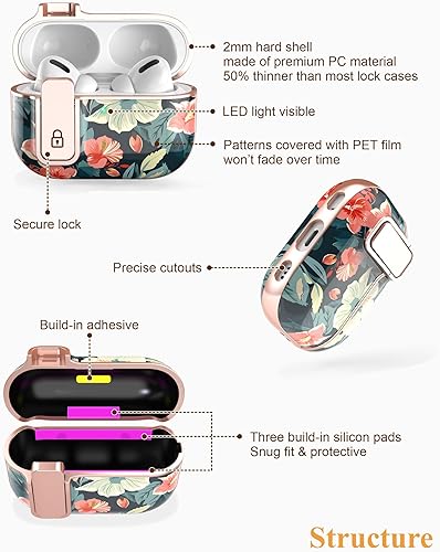Miniatura 4 de TATOFY Funda para AirPods Pro de 2 generación con limpiador de mosquetón de bloqueo, funda rígida delgada para AirPod Pro de 1 y 2 generación,