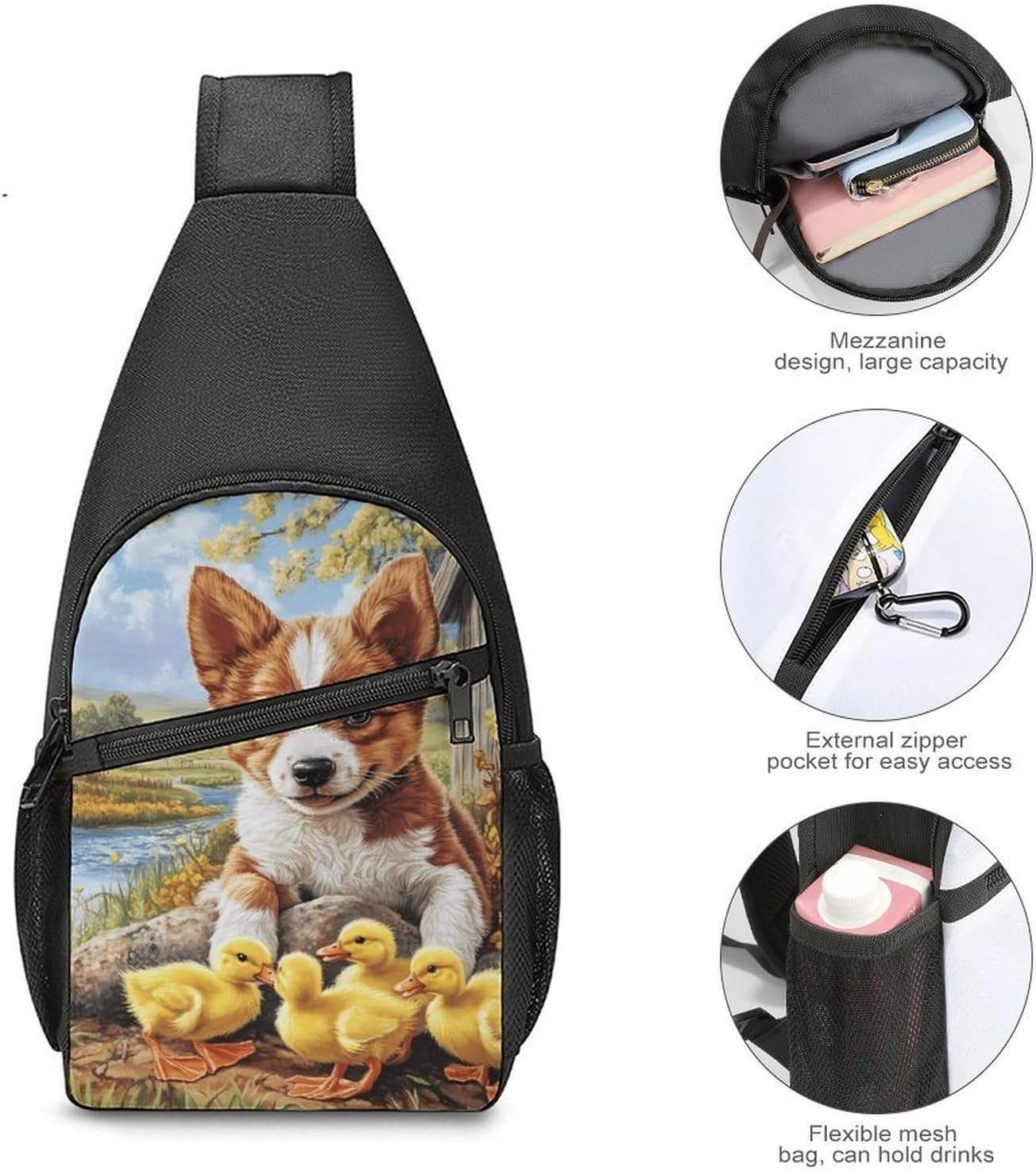 Puppy Dog Yellow Ducklings Crossbody Sling Backpack Chest Bag Daypack | unisex,trendy,with convertible and detachable shoulder strap,side pockets