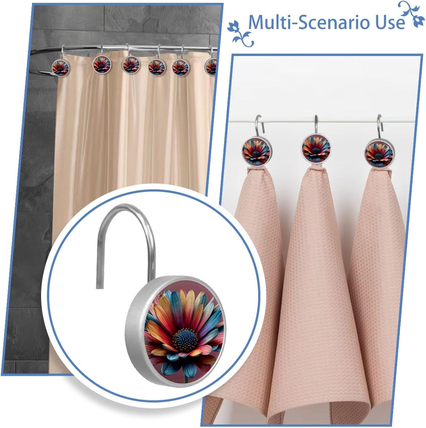 Colorful Daisy (3) Round Crystal Glass Decorative Shower Curtain Hooks with 3D Pattern Visual, Rust Proof Shower Curtain Rings-12 Pack