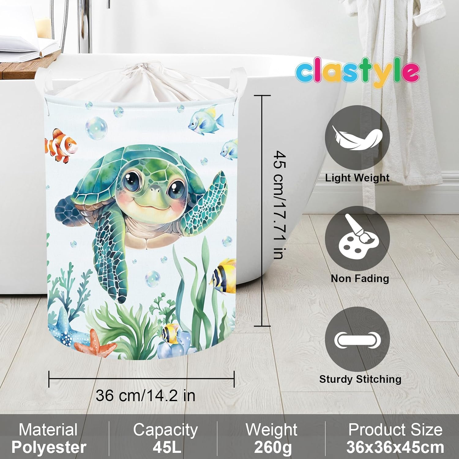 Clastyle Large Fish Sea Turtle Baby Basket Ocean Coral Seaweed Starfish Toy Book Shelf Basket Waterproof Pool Toy Beach Towel Storage Bin Collapsible Dirty Clothes Hamper, Blue, 36*45 cm