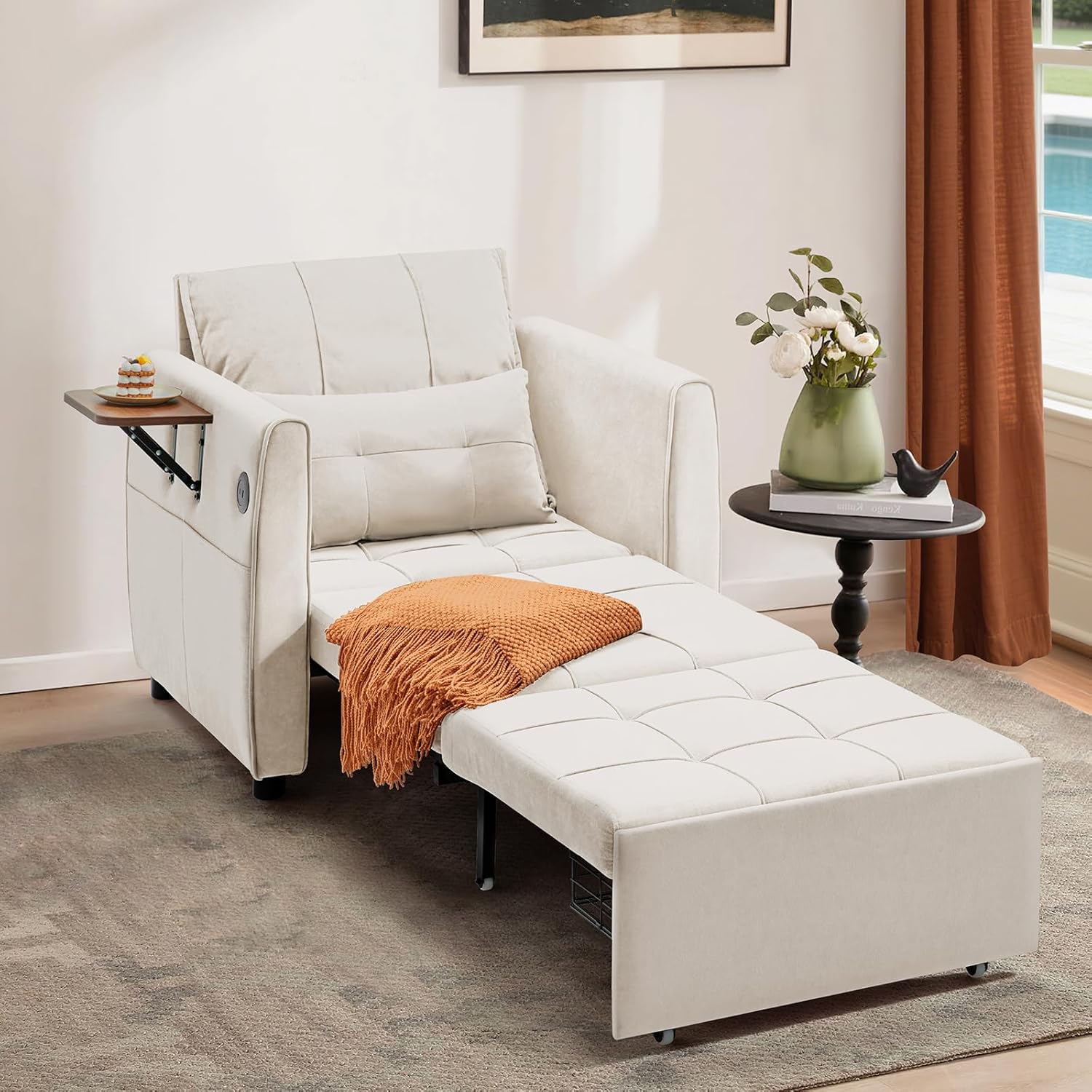 Convertible Sleeper Chair for Adults with Foldable Table, USB Port & Bottom Storage, Single Sleeping Sofa Bed for Living Room, Guest Room, Light Gray