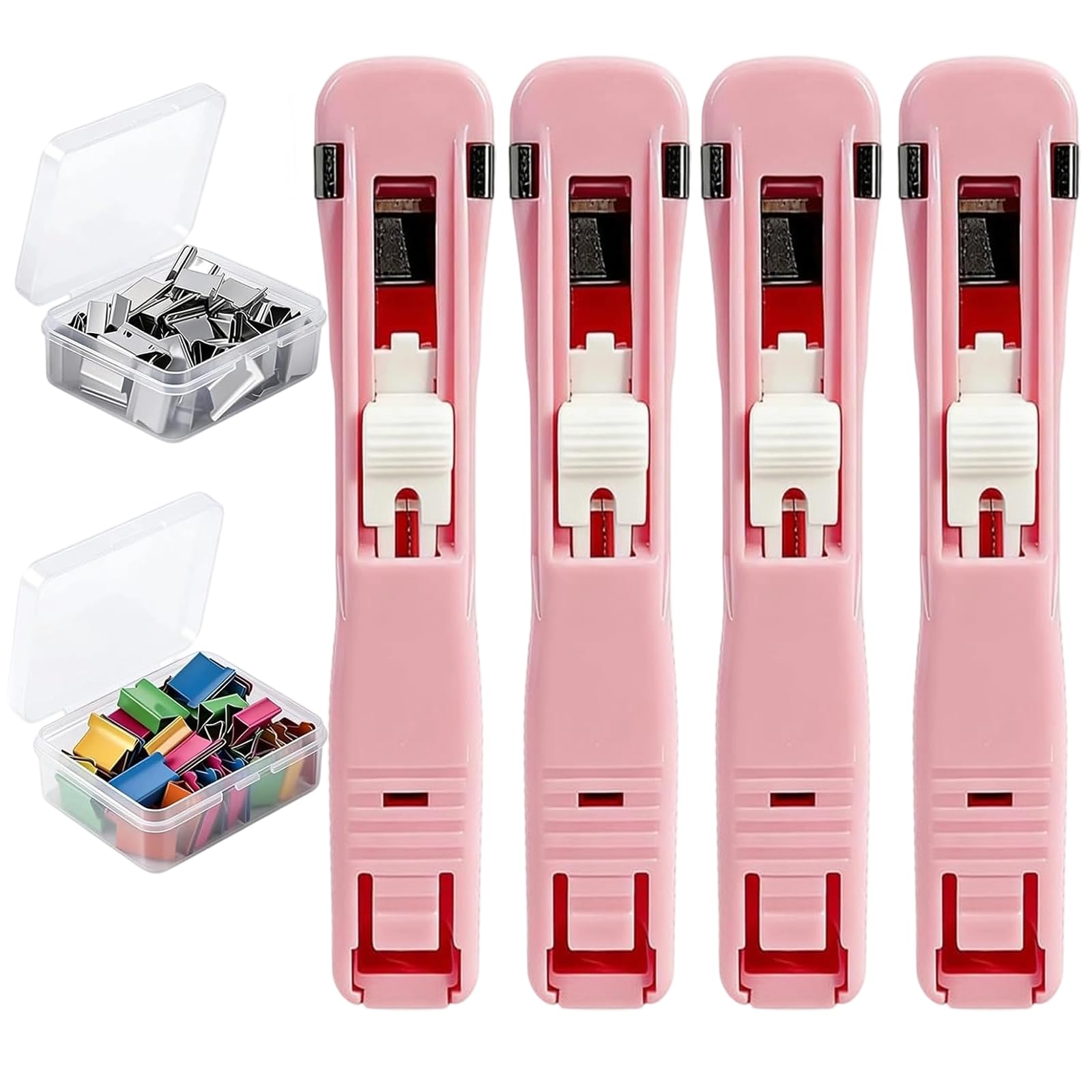 Portable Binder Clip Stapler - Includes 100 Reusable Clips, Handheld Paper Binder Clip Dispenser for Desk Document, Metal Office Supplies in Clear Box for Home Organization School (4PCS-Pink)
