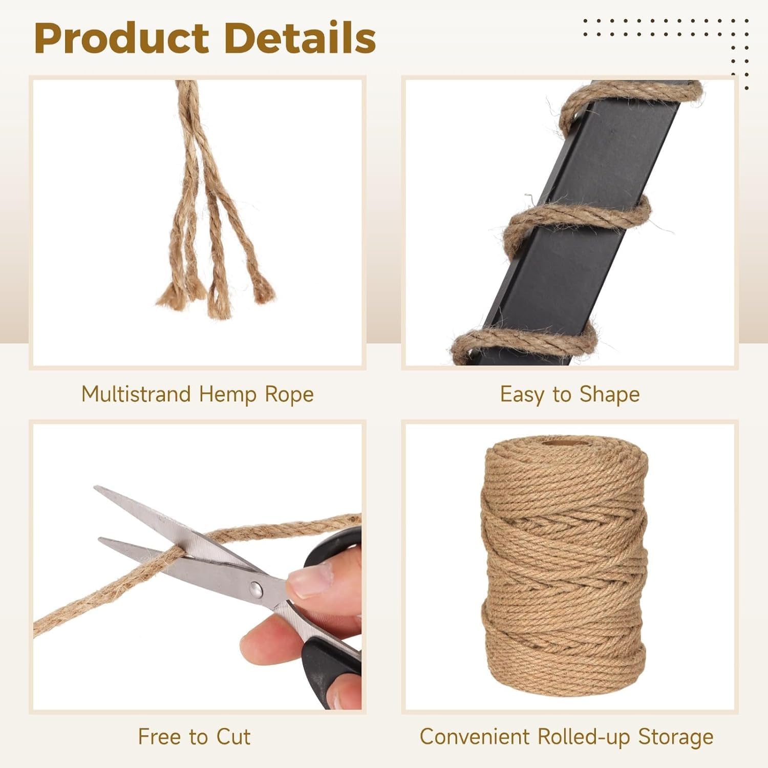 1pc Natural Hemp Twine 4mm Multistrand Braided Rope, Easy-to-Shape Free-Cut Roll for Crafts, Gardening, DIY Decor, Brown, 50meters