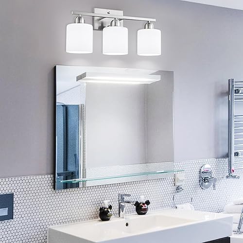 Miniatura 8 de Lámpara de baño de níquel cepillado, 3 luces de tocador para baño, luces de baño con pantallas de vidrio esmerilado blanco lechoso, enchufe E26