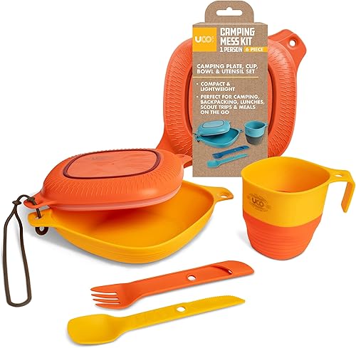 UCO Kit de desorden de camping de 6 piezas con cuenco, plato, taza de campamento y juego de utensilios para interruptor Spork