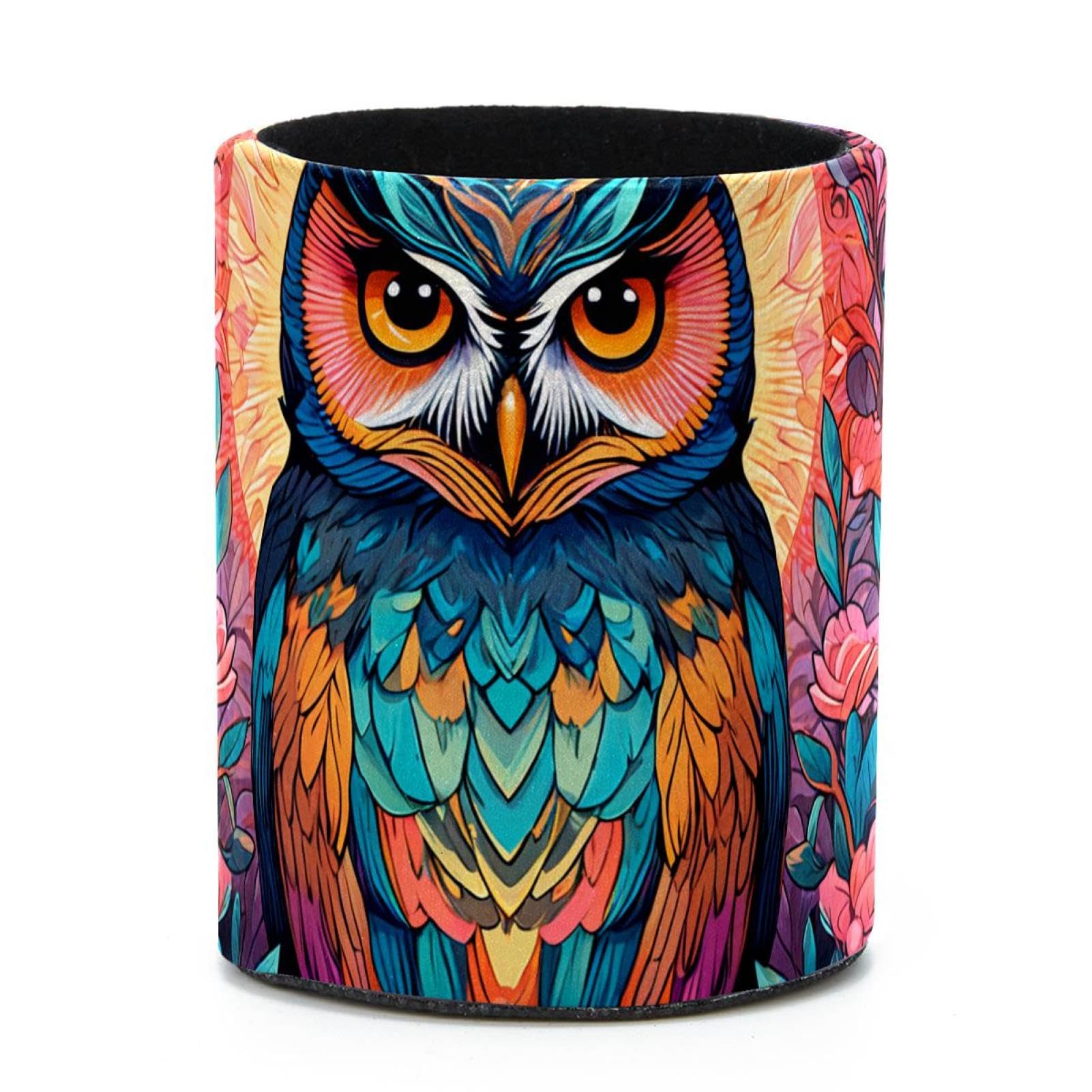 VAPOKF Round Pencil Holders for Desk, Color Drawing Owl Pen Holders Pen Pot Makeup Brushes Storage Desktop Stationery Supplies Organiser for Home Office