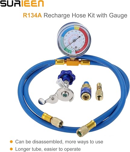 Miniatura 7 de R134A manguera de carga AC puede golpear con manómetro, kit de manguera de recarga de refrigerantefreón 14 "puerto SAE para el hogar y el aire