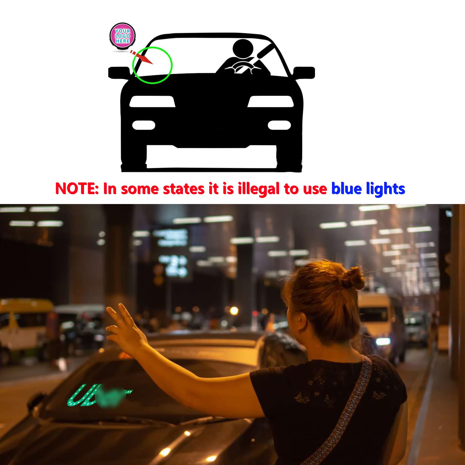 Green Light Sign for Car Windshield with 2 Suction Cups, USB Type C Switch Cable