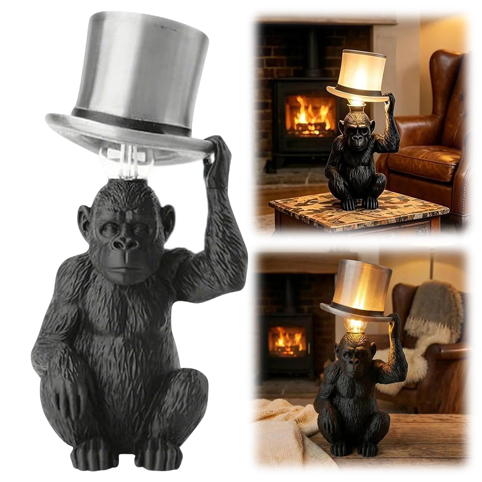 HTU Lampada da tavolo scimmia con cappello cilindro, decorativa e creativa, ideale per ufficio e stanza, 2 pezzi