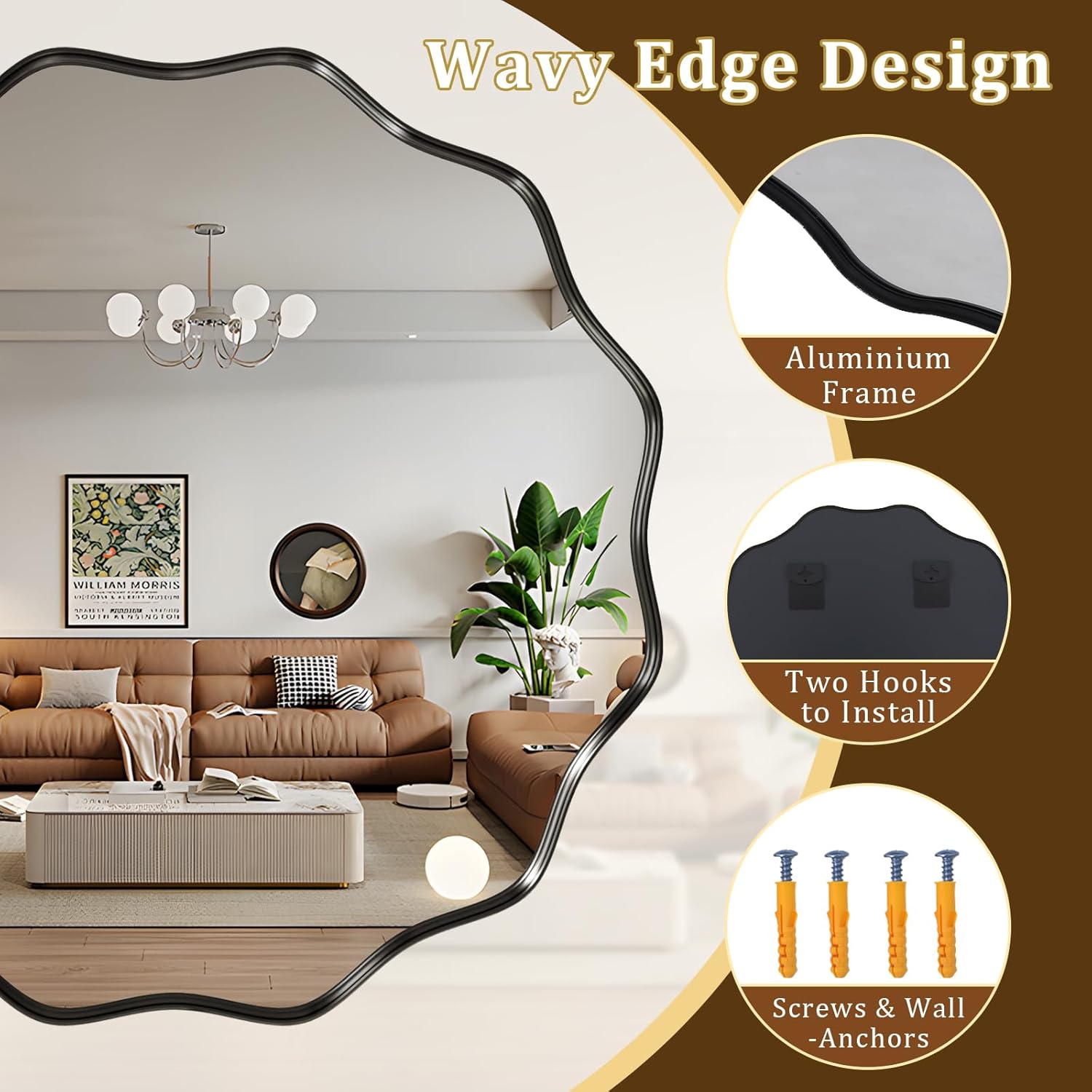 30 Inch Scalloped Round Wall Mirror, Black Wavy Edge Frame Circle Mirror for Bathroom, Bedroom, Entryway, Living Room for Wall Decor