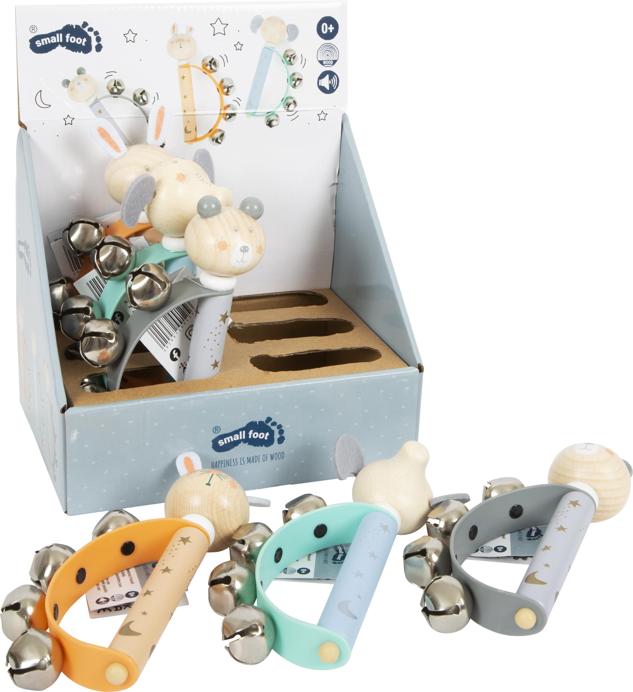 Small Foot Display bebé Pastell, Set de 6 sonajeros y pandereta para bebés y niños pequeños, 12346 Toys