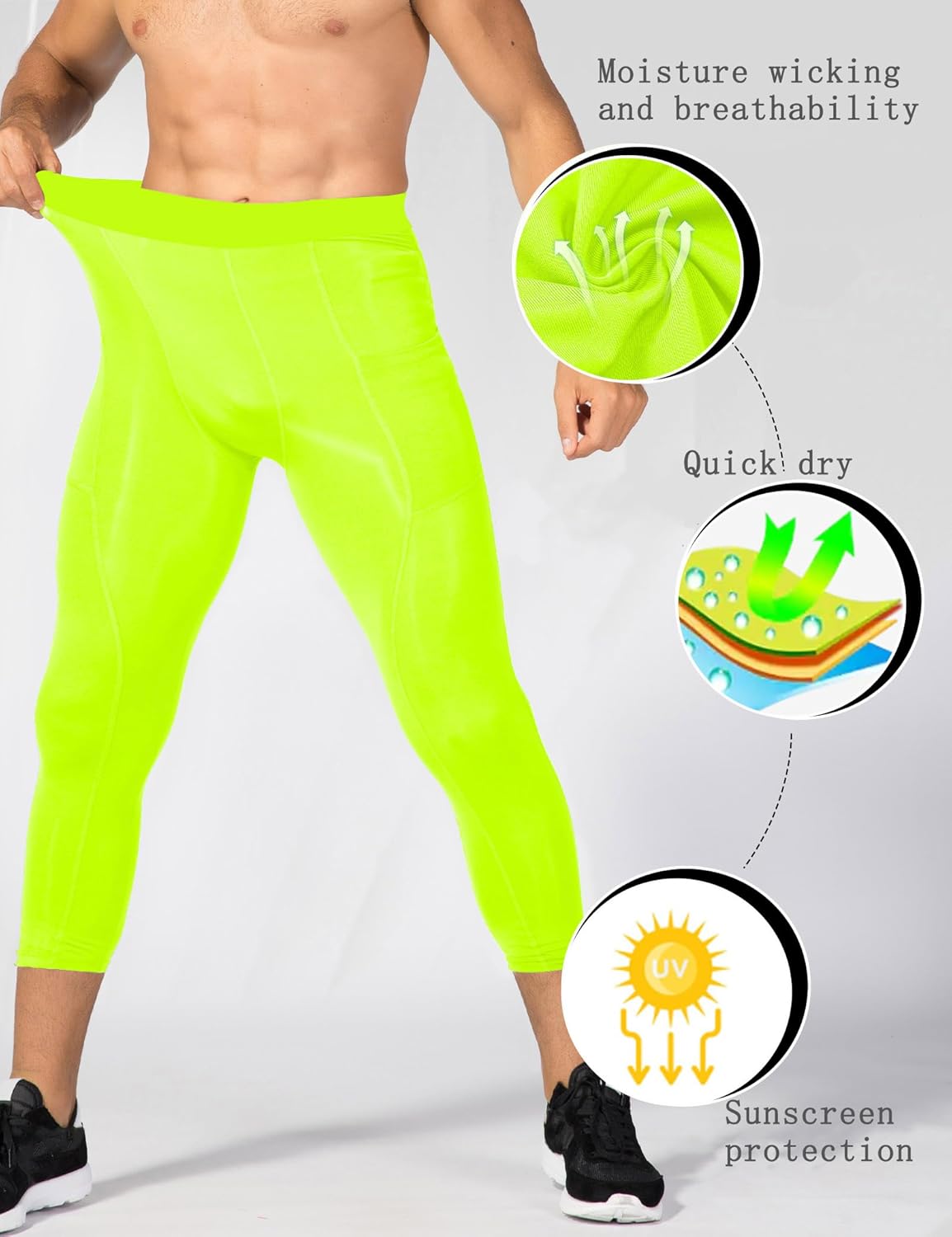 Men's 3/4 Compression Pants, Capri Leggings with Pocket, Athletic Basketball Tights, Sport Running Dry Fit Gym Base Layer - Image 2