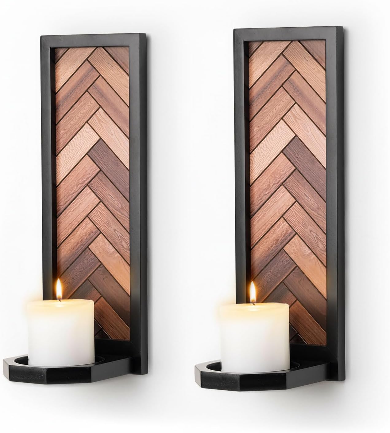 Herringbone Wood Candle Sconces, Set of 2 Wall-Mounted Pillar Candle Holders, Antique Classical Wooden Candleholder for Farmhouse, Living Room, Bedroom, Rustic Home Decor