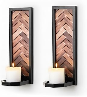 Herringbone Wood Candle Sconces, Set of 2 Wall-Mounted Pillar Candle Hol...