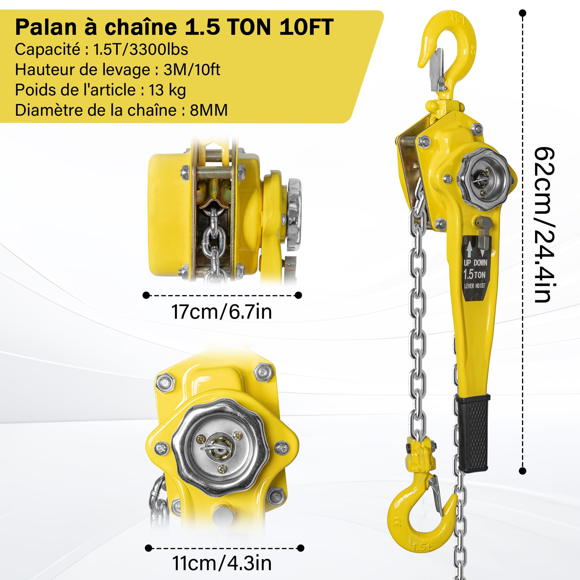 OUUTMEE Paranco Manuale a Catena, 1.5 T Paranco a Levier Manuale, Altezza di Sollevamento 3 M, Paranco a Catena in Acciaio al Carbonio G80 con Gancio per Magazzino, Garage e Piattaforma di Fabbrica