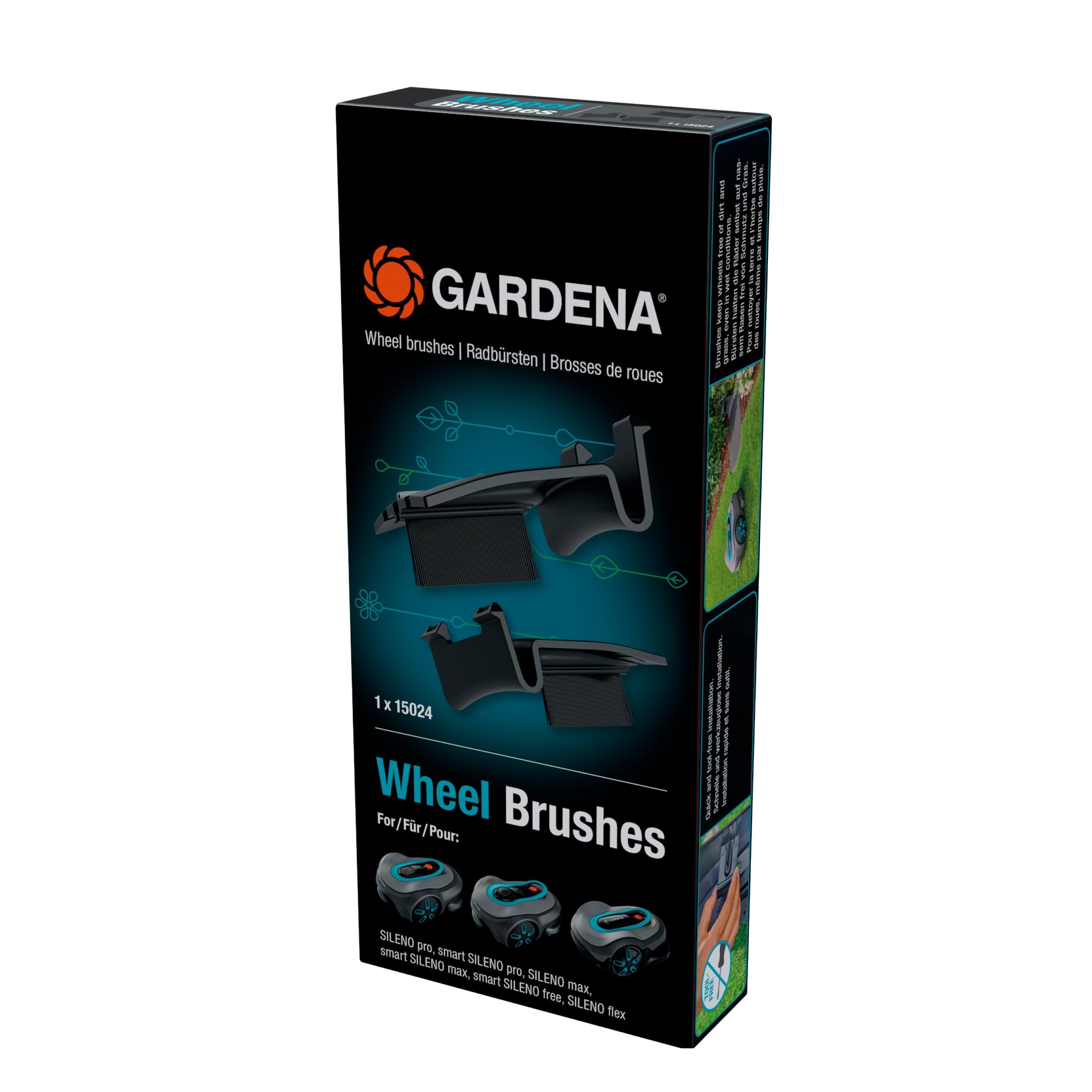 GARDENA Szczotki do kół kosiarki do SILENO pro/max/free and flex, utrzymują koła w czystości, łatwa instalacja, trwałe materiały, zwiększenie wydajności kosiarki (15024-20)