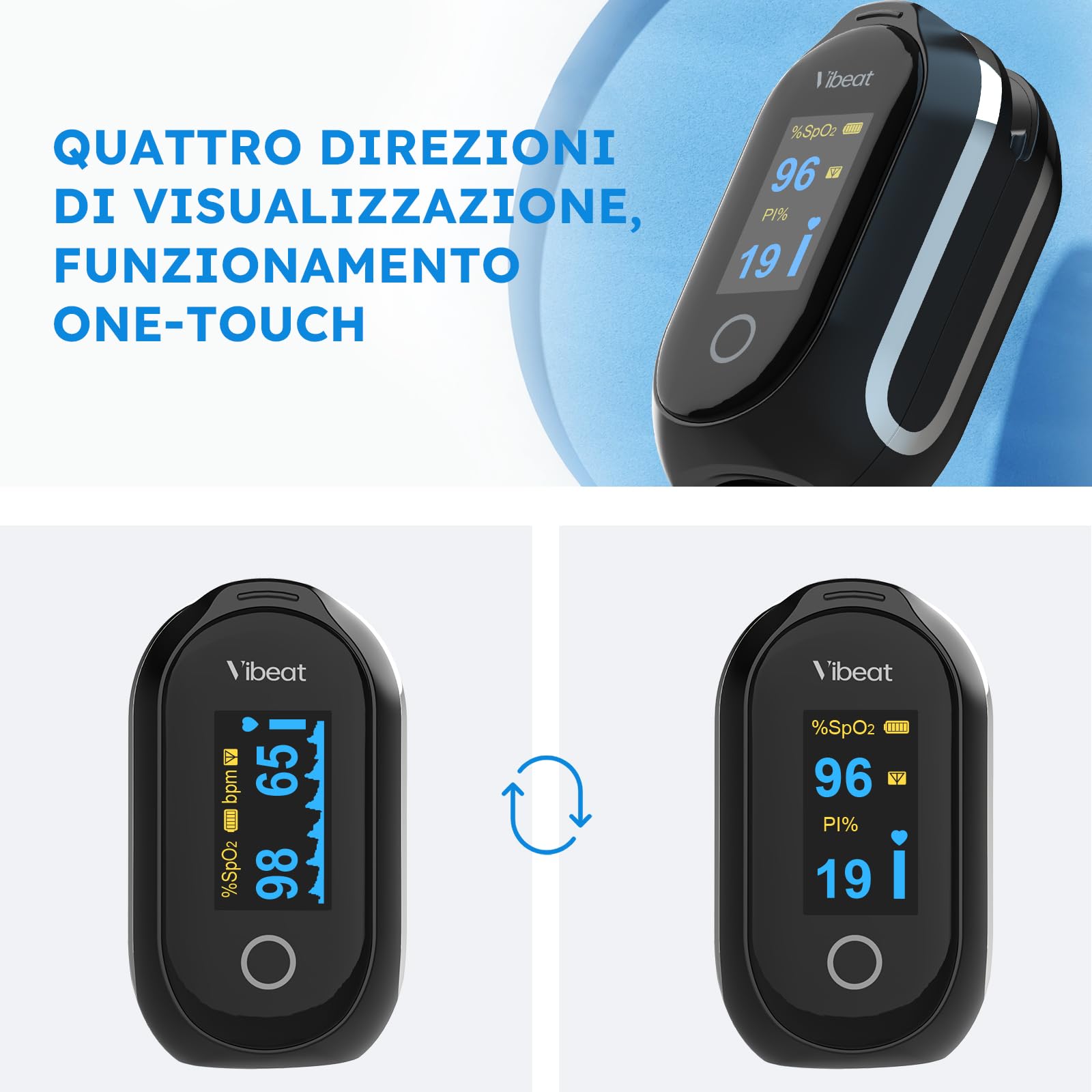 Vibeat Sleep Pulsossimetro da dito Bluetooth con Modalità Continua, Pulsossimetro Ricaricabile con 8 * 10 ore di Registrazione dati, con Sincronizzazione Automatica dei Dati