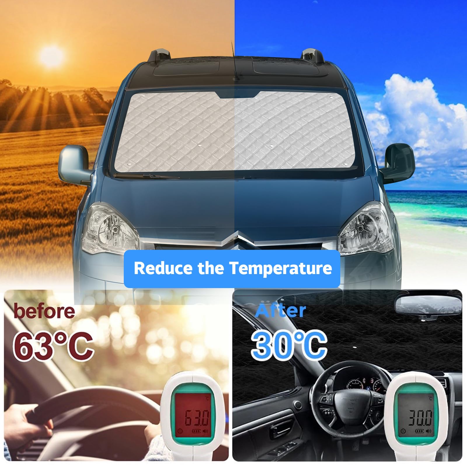 Parasol para Parabrisas Compatibles con Citroen Berlingo Peugeot Partner Rifter XLWB 2018-2025, 10 Piezas Juego de Protector de Parabrisas Ventana de Persiana Térmica Interior | Juego de 10 alfombrillas térmicas internas para protección UV