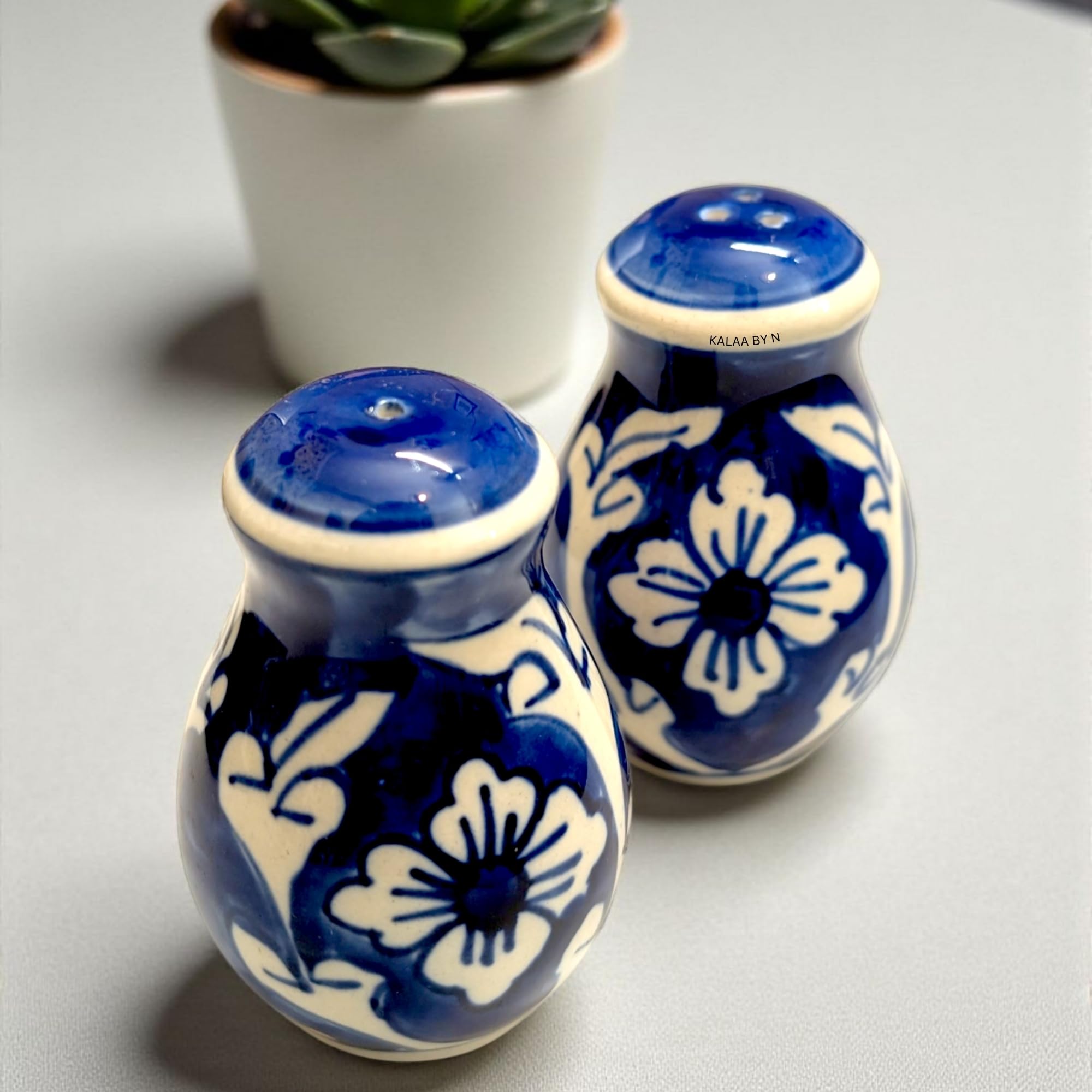 Kalaa By N Salt Pepper Set for Dining Table Kitchen - Ceramic Salt and Pepper Shakers Dispenser Container Sprinkler 60ML - Home Cafe Office Restaurant - Dishwasher Safe (Blue and White) - Image 8 thumbnail