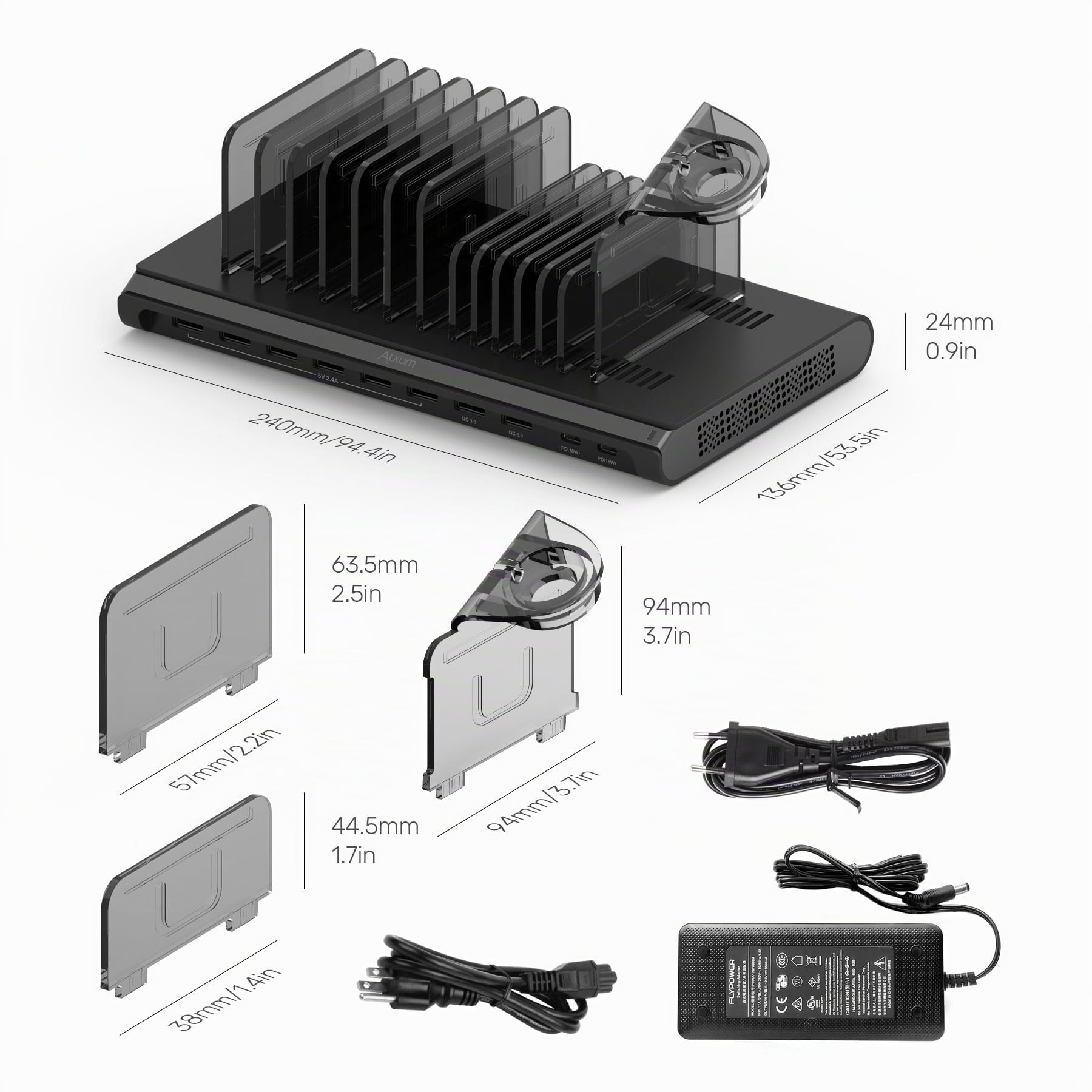 Alxum Estación de Carga 96W y 10 Puertos,2 PD y 2 QC 3.0 para tabletas | Incluye un soporte para auriculares que permite cargar simultáneamente varios dispositivos, como el móvil y los auriculares