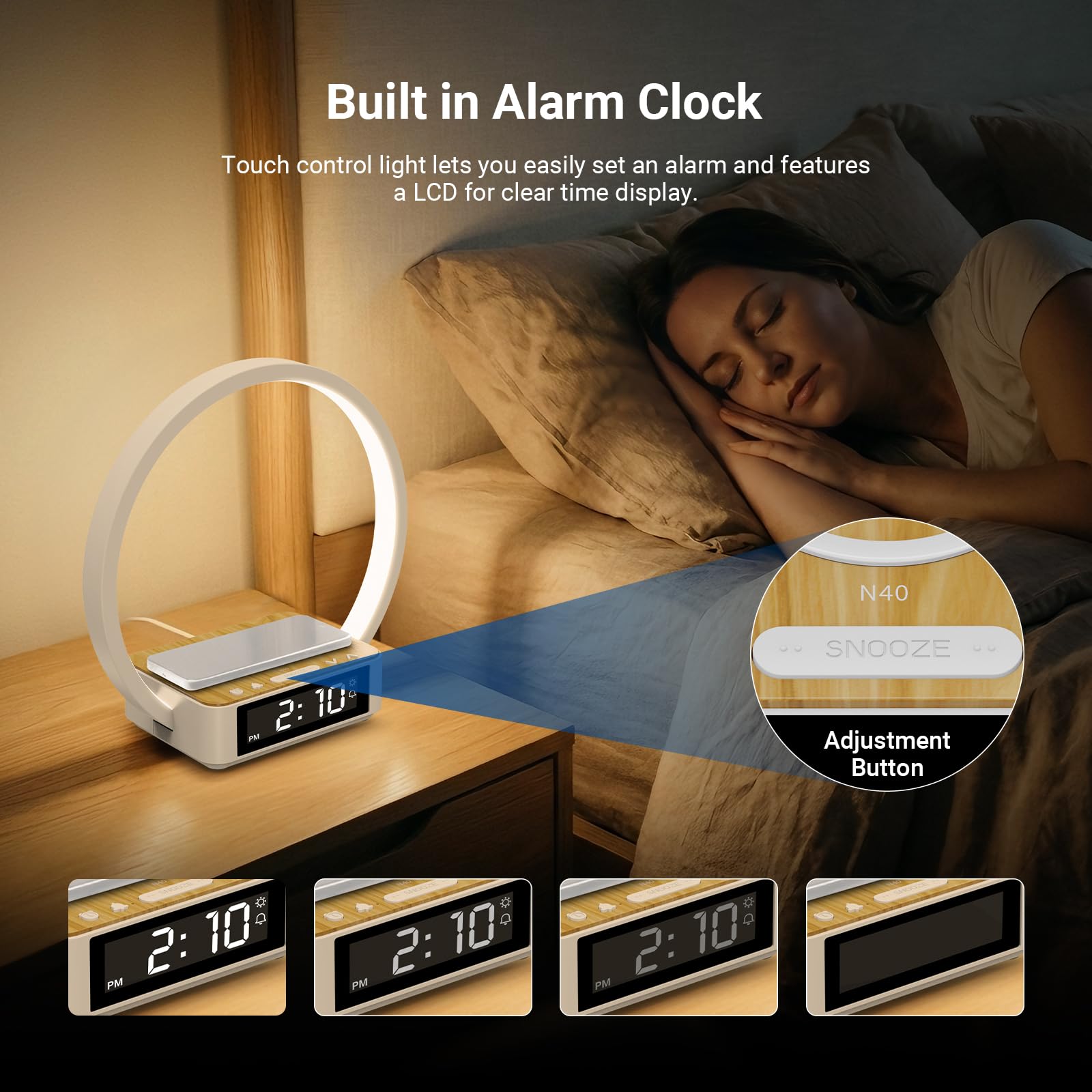 NEEWER Entry Level Version Bedside Lamp con 15W Carga Inalámbrica Compatible con iPhone AirPods,Sunrise Alarm Clock, Dimmable Aro Foco Luz Desktop LED Táctil para Dormitorio Mesita Noche Lectura, N40