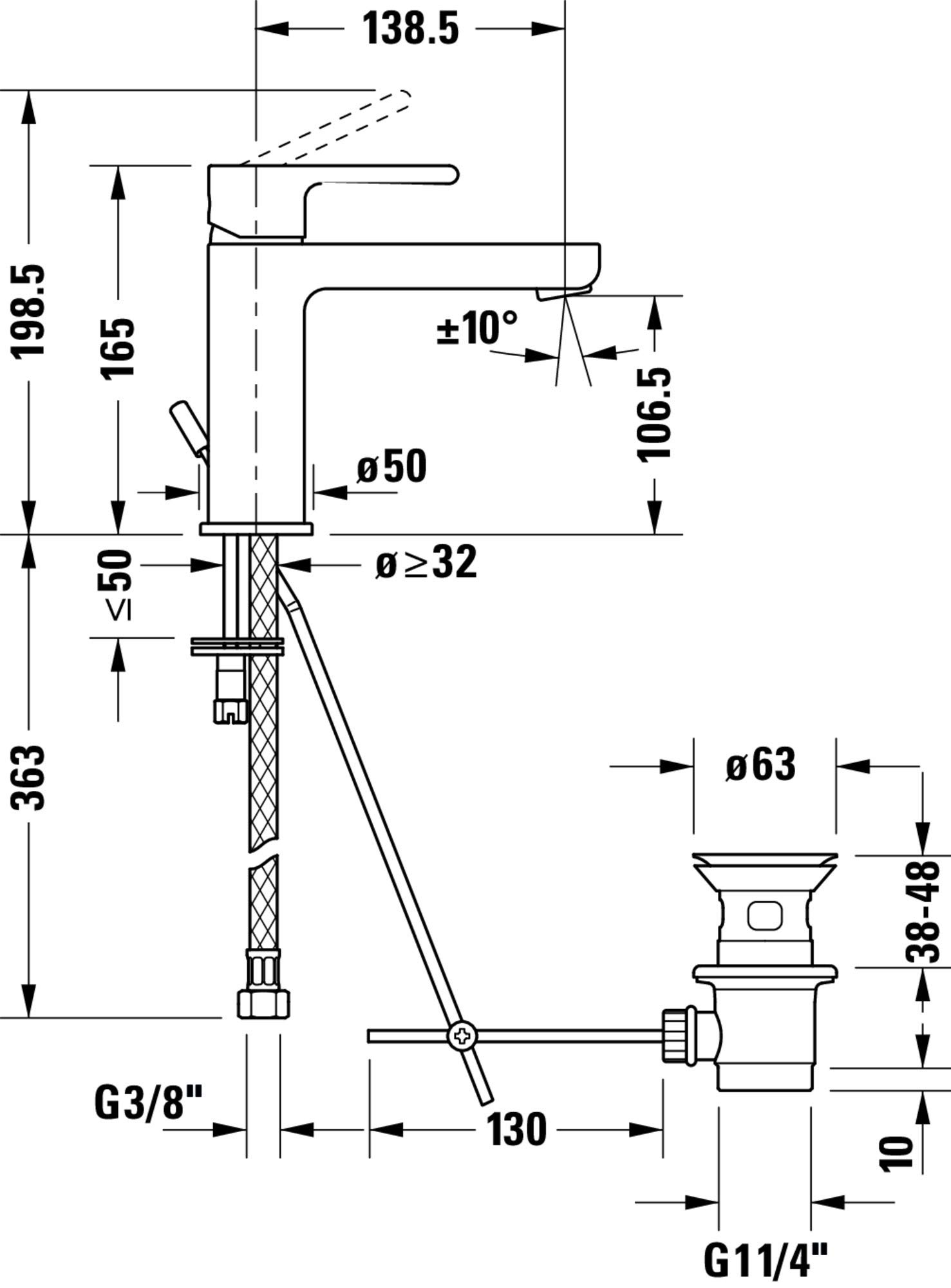 Duravit B.2 Bateria umywalkowa, rozmiar M (wysokość wylotu 106,5 mm), kran łazienkowy z zestawem odpływowym z drążkiem pociągowym, armatura umywalkowa z wkładem ceramicznym, chrom