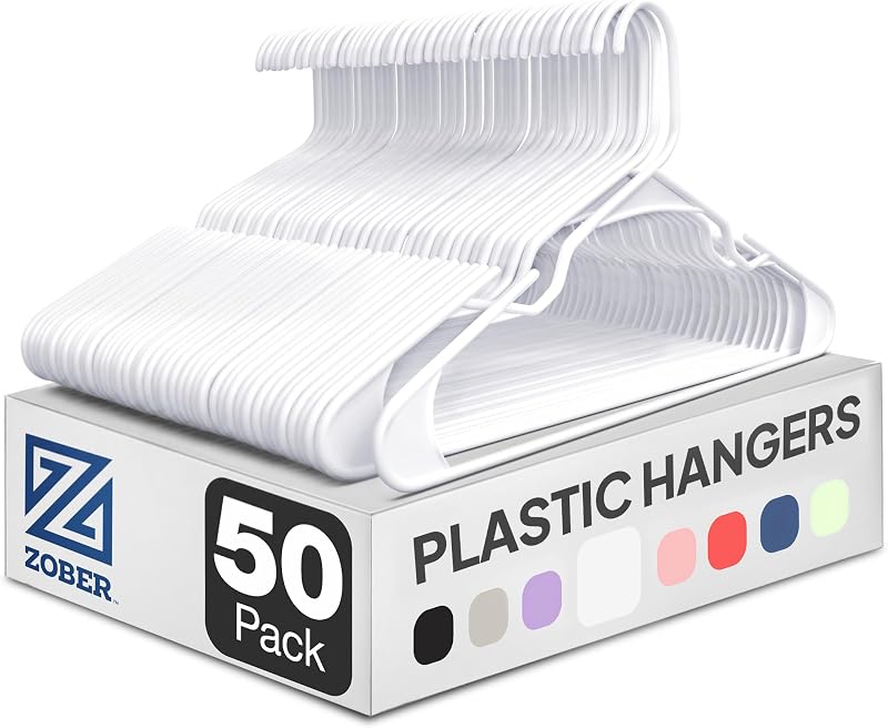 Perchas para ropa - Perchas de plástico blancas, paquete de 50 para camisas, vestidos y pantalones - Perchas para ropa de plástico flexibles y duraderas