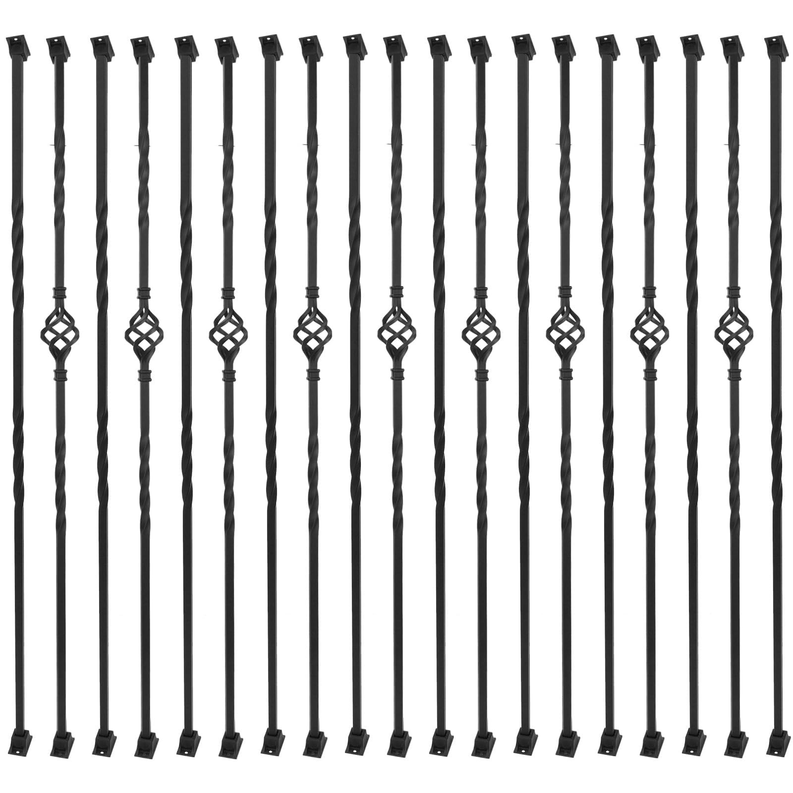 30 Pack Iron Balusters Stair Spindles Hollow Single Basket Black Iron Spindles Double Twist 1/2" Square Metal Balusters with Baluster Swivel Shoes 180 Degree Adjustable Direction