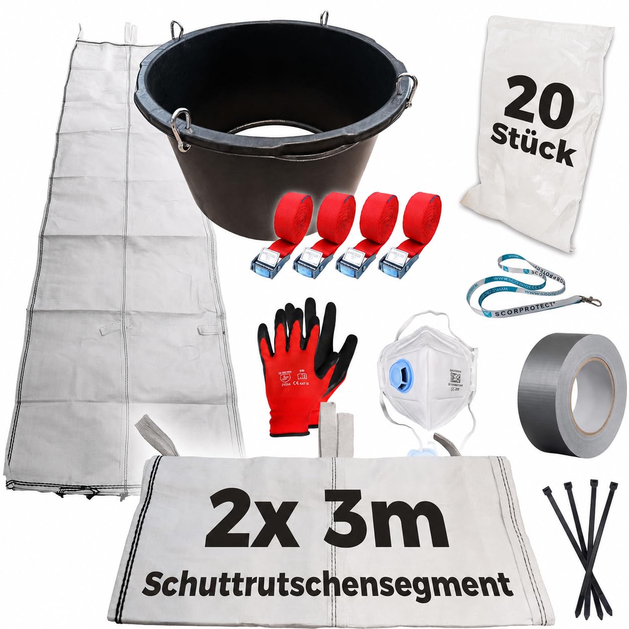 Scorprotect® Schuttrutsche Bauschuttrutsche 6 m flexibel mit Einfülltrichter, 20x Flachsäcke und Zubehör