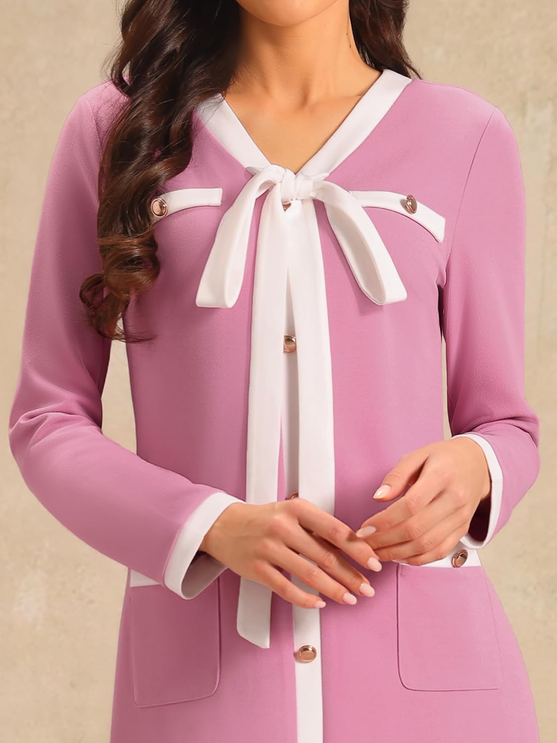Hobemty Women's Elegant A-Line Dress Contrast Color V Neck Long Sleeve 2025 Trendy Work Dresses
