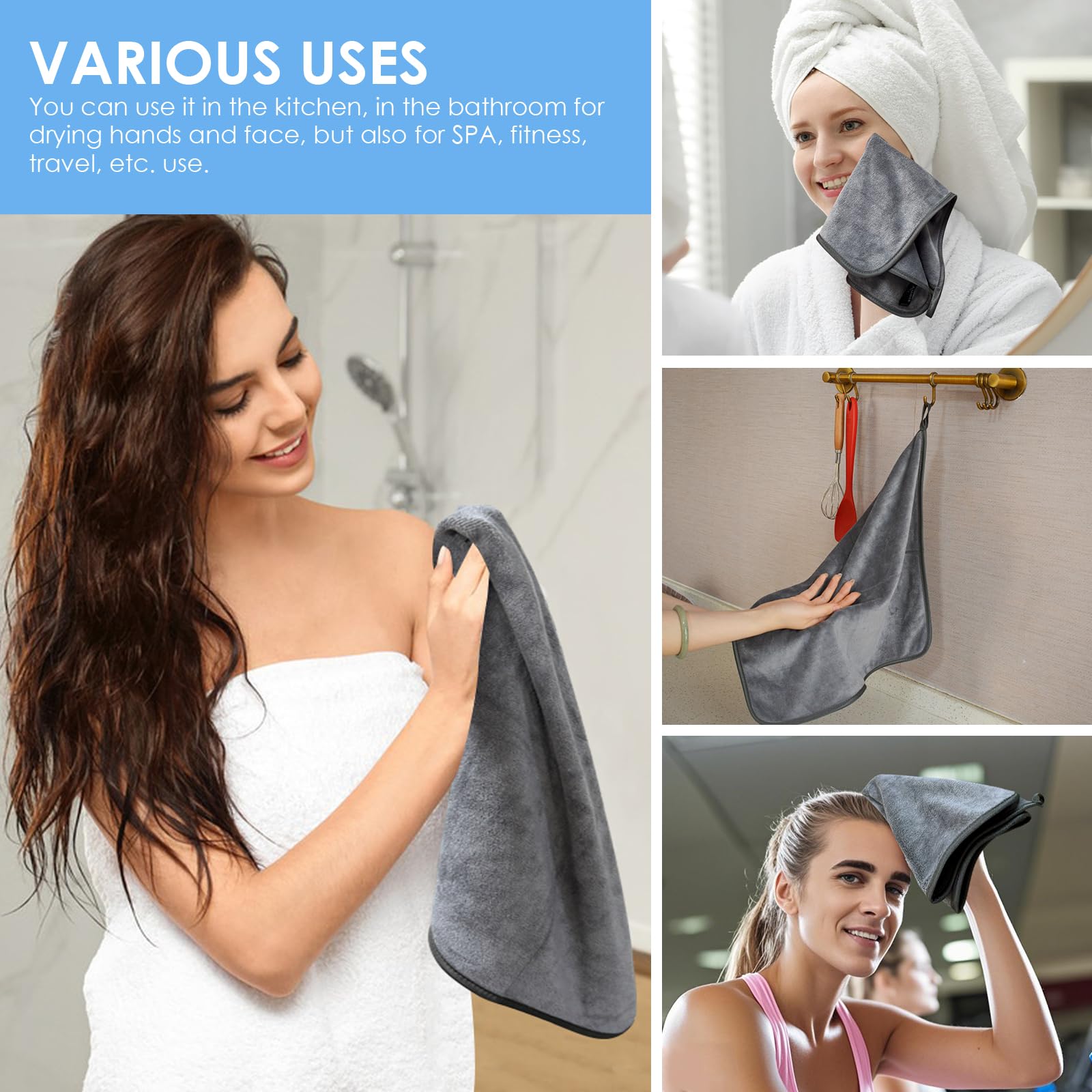 Lot De 2 Essuie-Mains Microfibre Noir & Gris – Ultra Doux, Séchage Rapide, Boucle Accroche – Cuisine, Salle De Bain, Sport