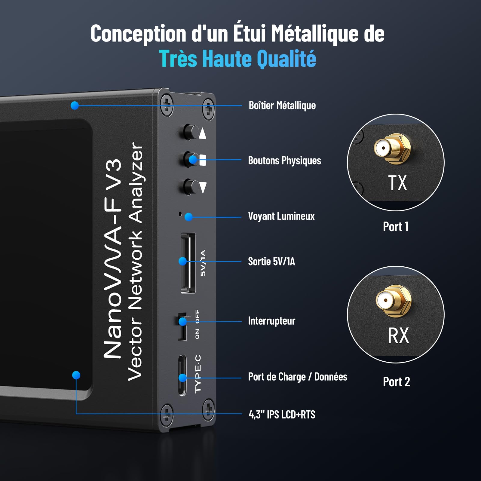 Seesii NanoVNA-F V3 Analyseur de Réseau Vectoriel, Analyseur d'antenne 4,3 Pouces 1MHz-6GHz HF VHF UHF VNA pour S-Paramètre, Phase, Retard, Diagramme de Smith